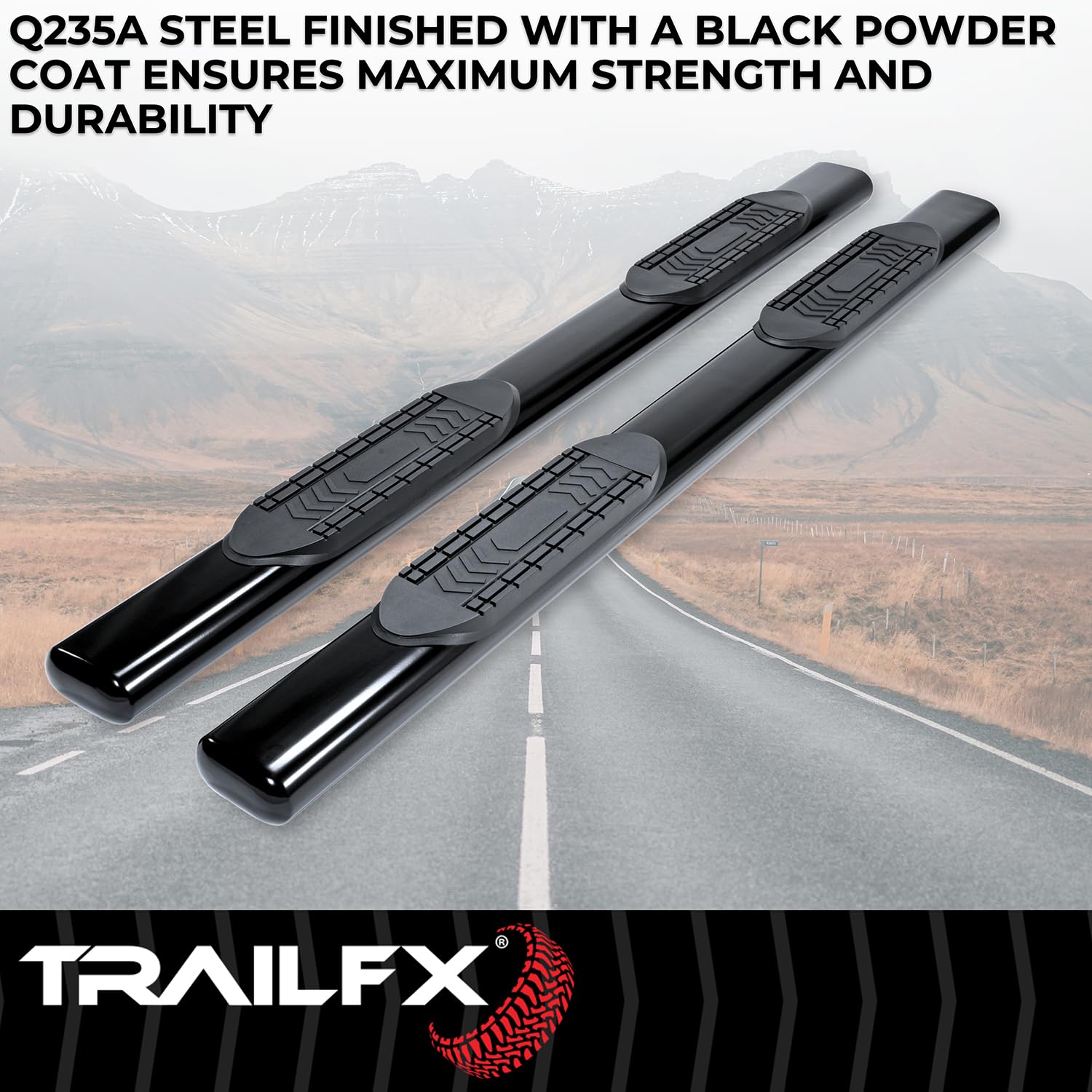 TrailFX Nerf Bars for 2019-2025 Chevrolet Silverado 1500 Crew Cab Steel 6 Inch Oval Straight Powder Coated Black with Step Pads, Rocker Panel Mount Running Boards A8255B TrailFX