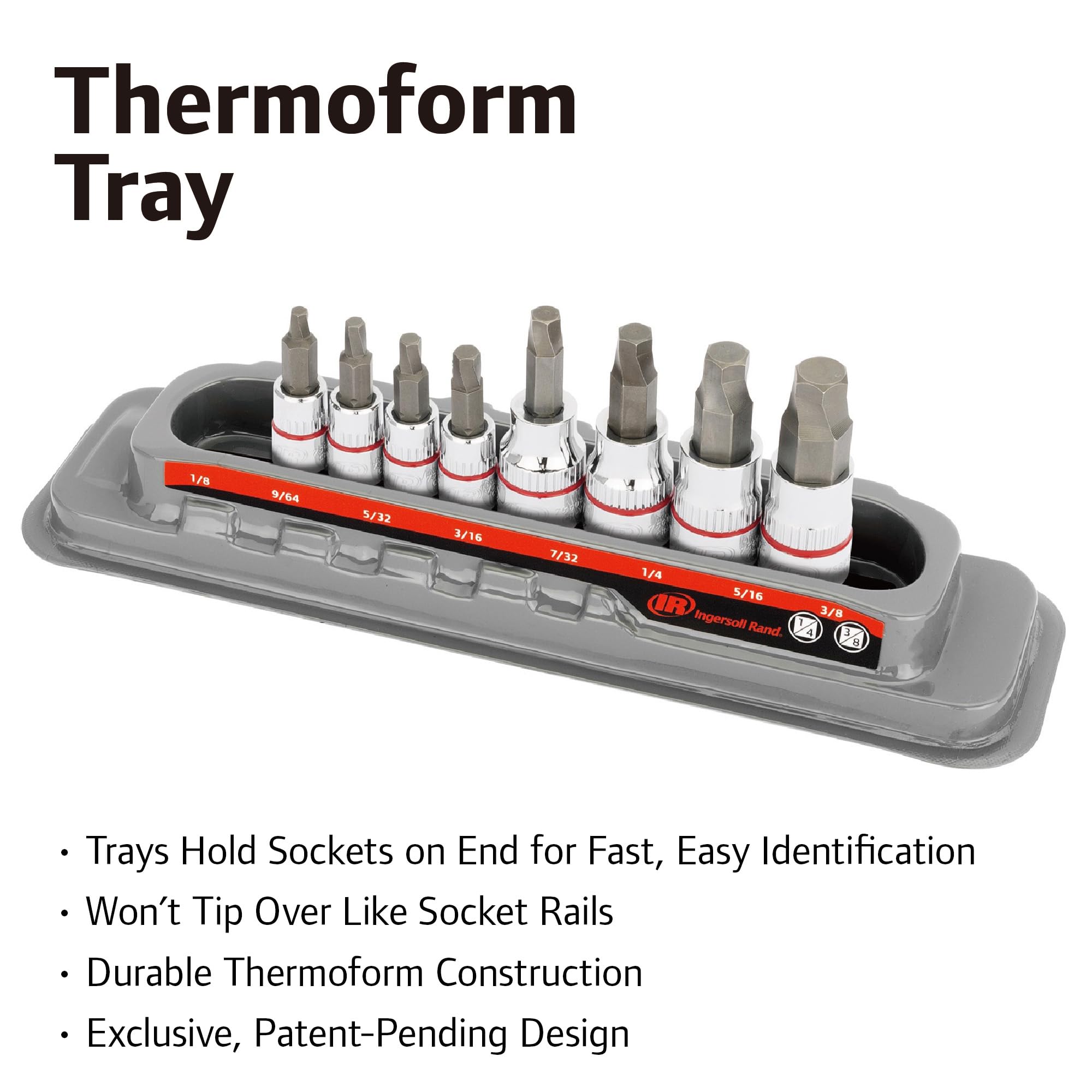 8 Piece Ingersoll Rand SAE Damaged Fastener Remover Set, Hex Bit Socket Kit for Rounded and Stripped Bolts, Thermoform Socket Storage Tray - 752042