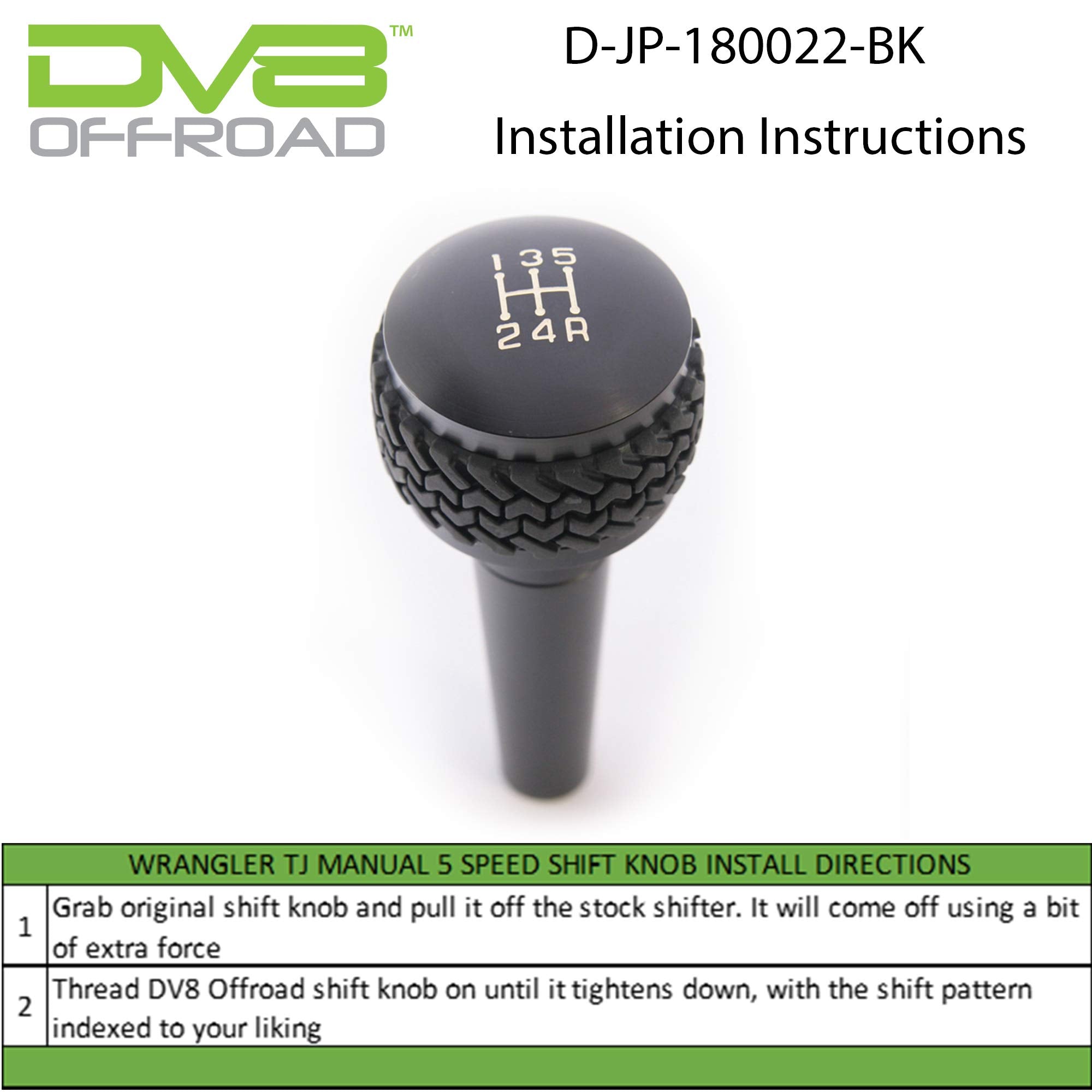 Manual Shift Knob for Wrangler TJ 1997-2006 | DV8 Offroad | 5-Speed Transmission | Billet Aluminum Construction | Rubber Tire Tread Grip | Anodized Finish | D-JP-180022-BK