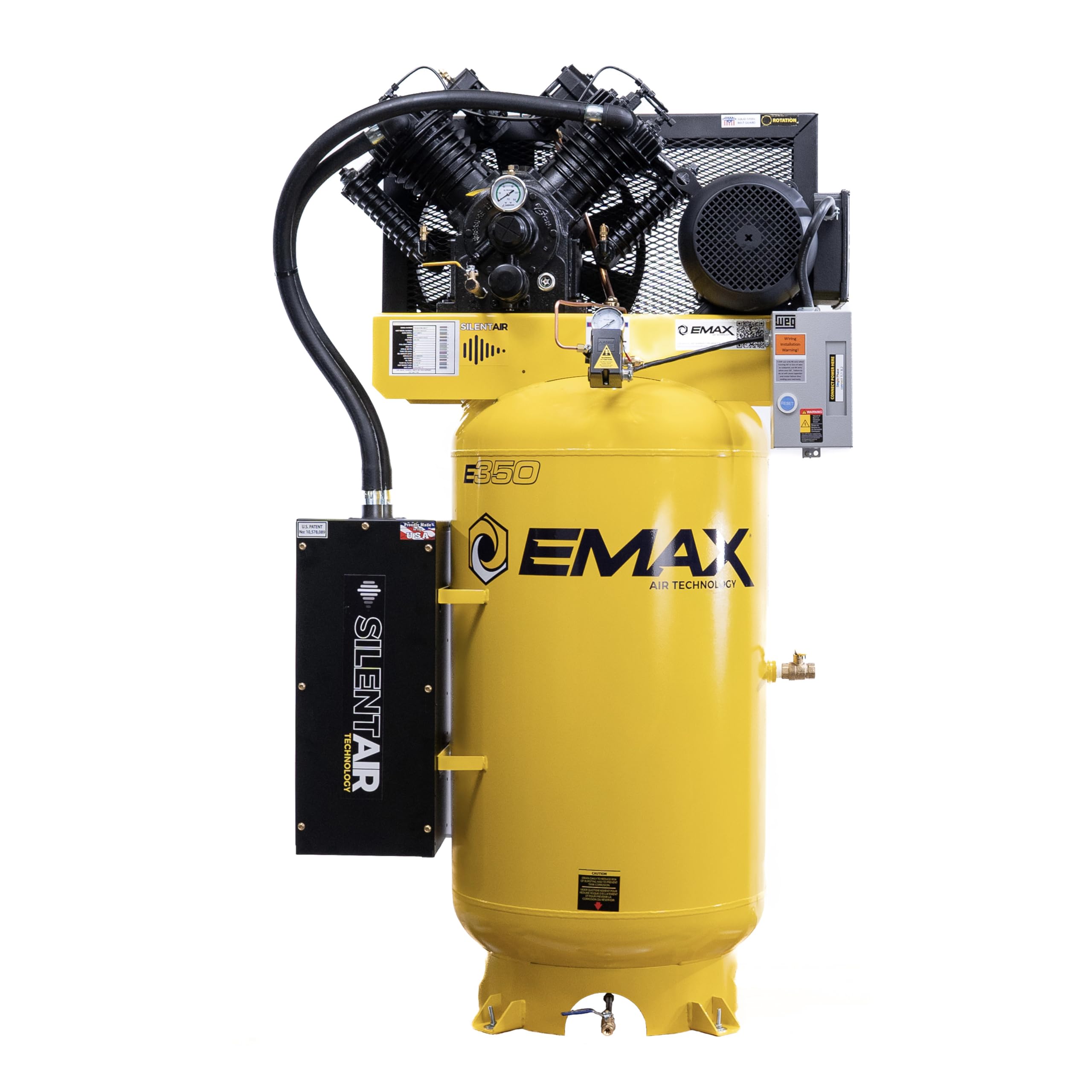 EMAX E350 Air Compressor Stationary - 7.5hp 80 Gal. 2 Stage Single Phase Industrial Compressor with Pressure Lubricated Pump & Whisper Quiet System - ES07V080V1