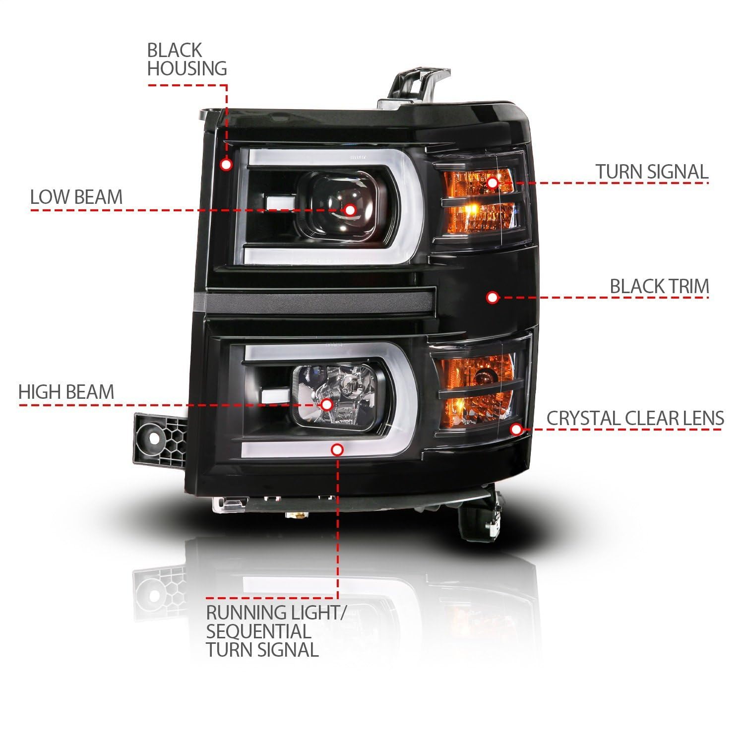 Chevy Silverado 1500 Anzo 14-15 Black Dual Switchback+Sequential LED Tube Sq. Projector Headlights