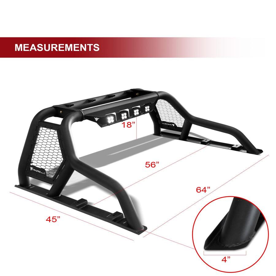 CR1 ARMORDILLO Roll Bar Style Chase Rack for Mid Size Trucks|with Quad (4) LED Light Pods|Compatible 05-24 Tacoma|15-24 Colorado/Canyon|19-23 Ranger|05-24 Frontier|7163089 Chase Bar - Matte Black