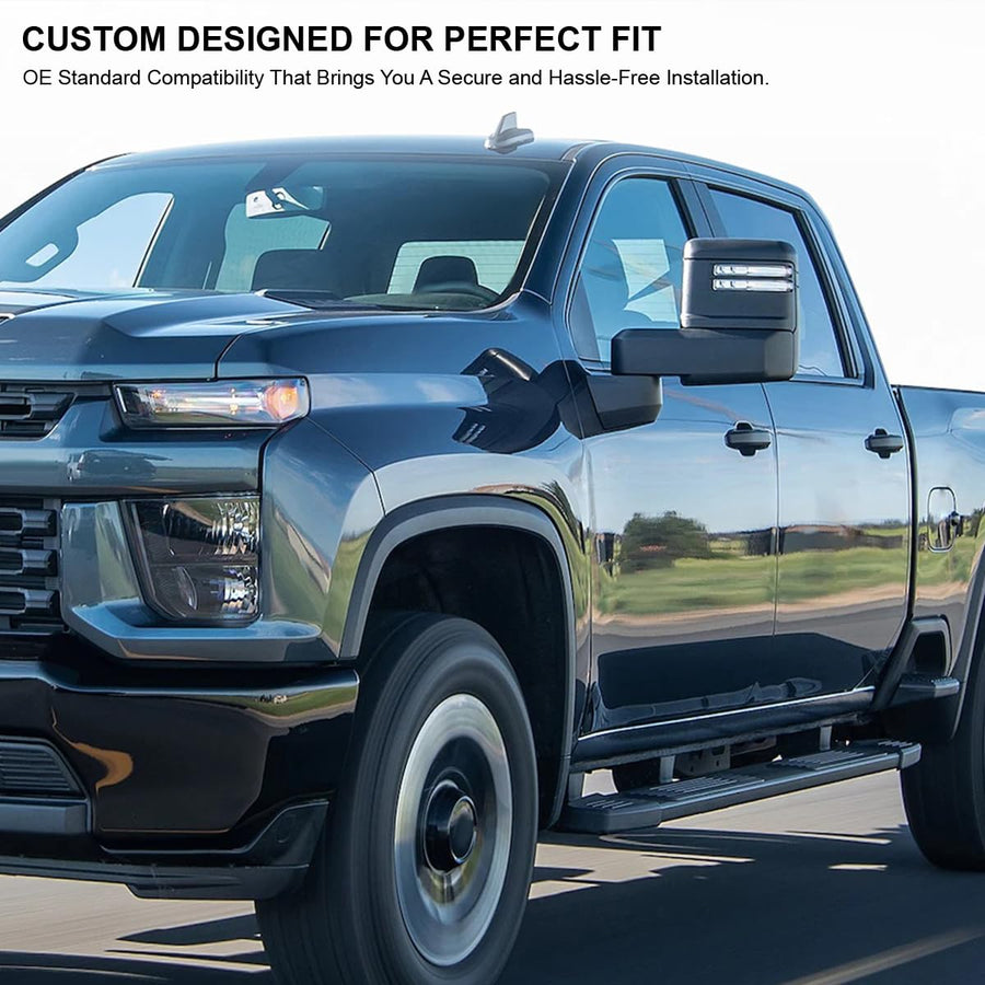 Power Spec-D Tuning Black Heated Towing Mirrors w/LED Signal, Temperature Sensor Compatible with 2020-2025 Chevy Silverado, GMC Sierra 2500HD 3500HD, Left + Right Pair