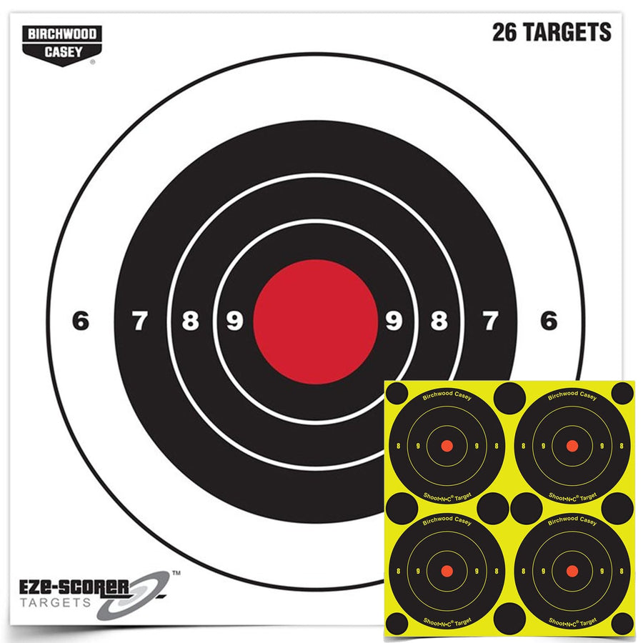 8" BIRCHWOOD CASEY Eze-Scorer Bull's-Eye Practice Shoot-Up Brilliant White Paper Targets for Indoor and Outdoor Use, 26 Targets