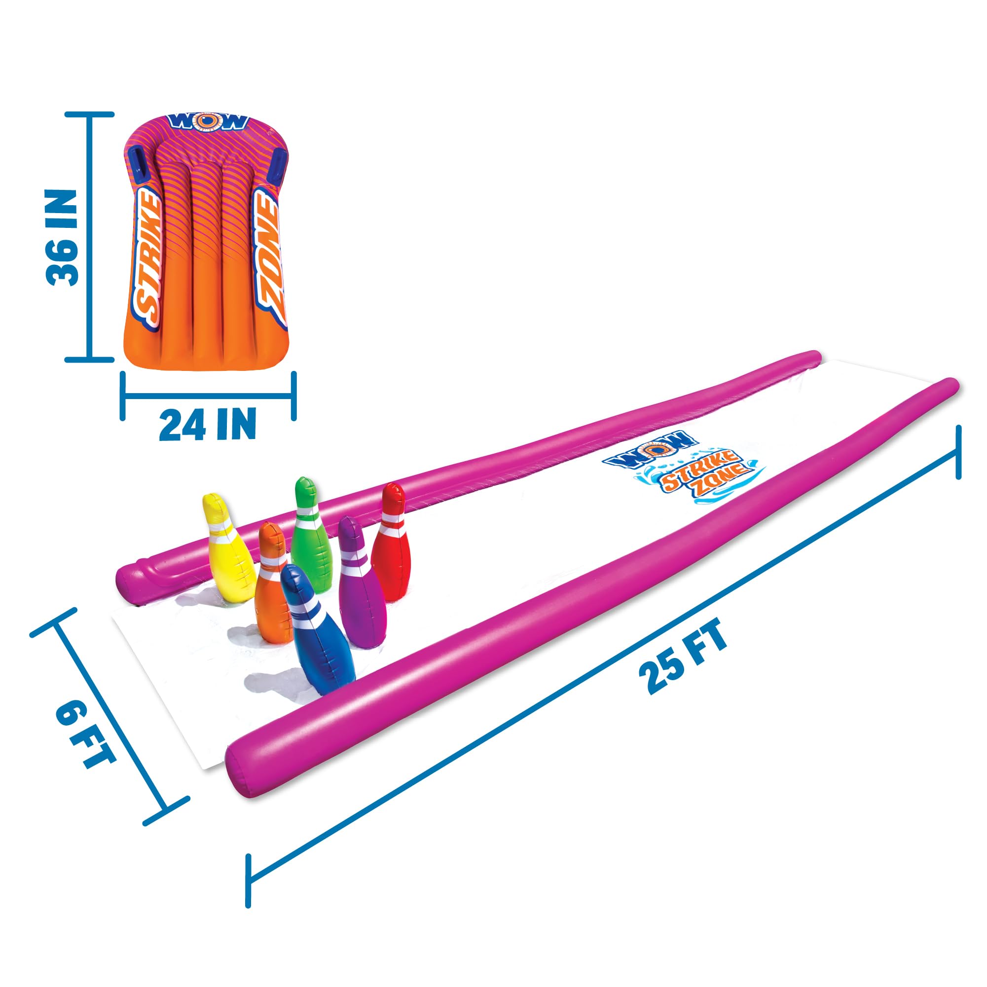 Strike Zone WOW Sports - Water Slide 25 Foot Slip n Slide with Inflatable Sides & Sprinklers - Human Bowling Water Slide with Inflatable Pins