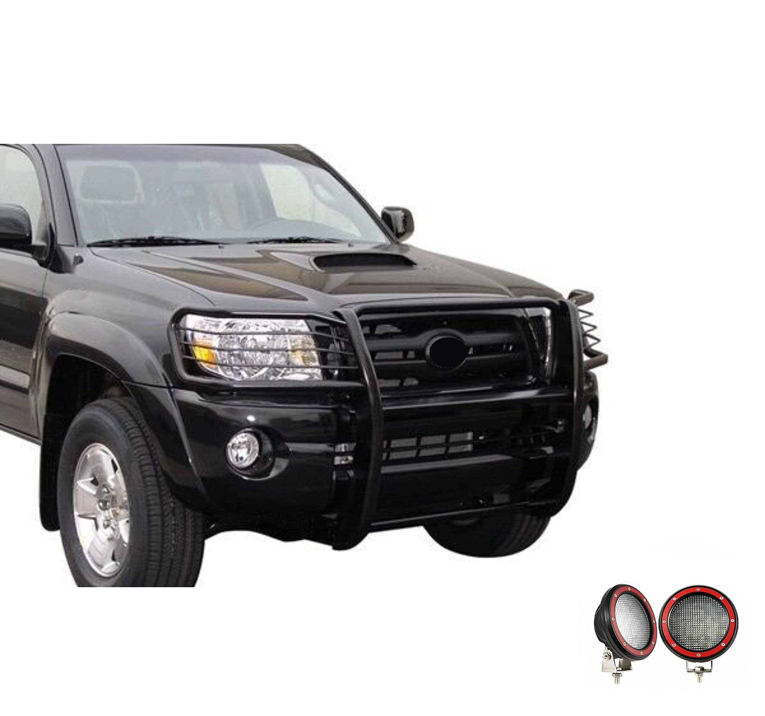 Bumper Guard Black Horse Grille Brush Modular Black Come with Pair of 5.3" Dia.LED Lights with Red Trim Rings Compatible with 2005-2015 Toyota Tacoma-17A096400MA-PLFR
