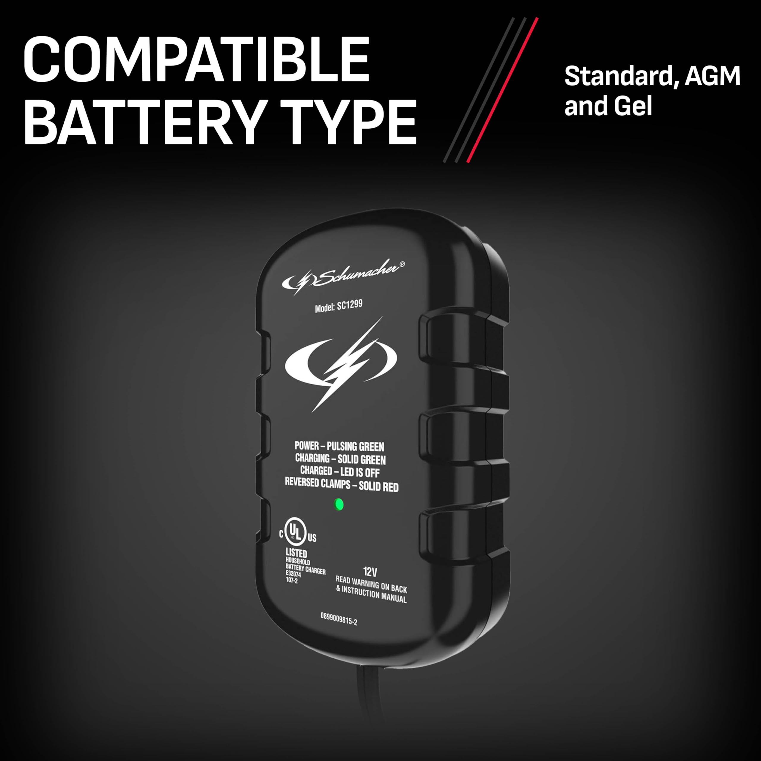 0.8A Schumacher Electric Car Battery Charger and Maintainer, 2-in-1 Solution, for 12V Power Sport, Automotive, and Marine Batteries, SC1299