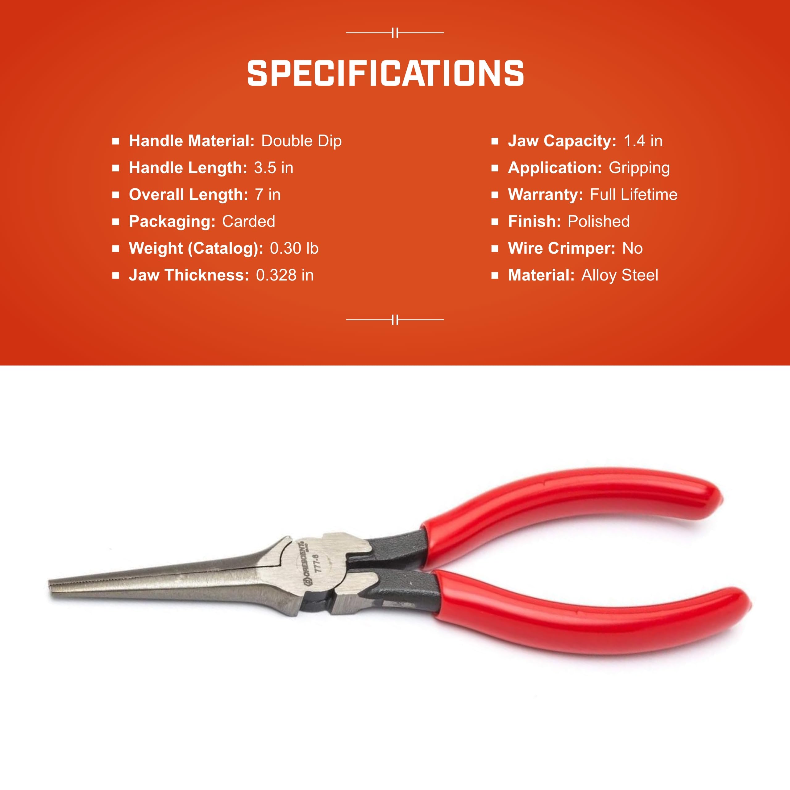 7" Long Crescent Needle Nose Pliers - Designed for Wire Bending, Gripping & Twisting - Long Reach Pliers with Dipped Handle Grips - Electrician Tool - 7777CVN