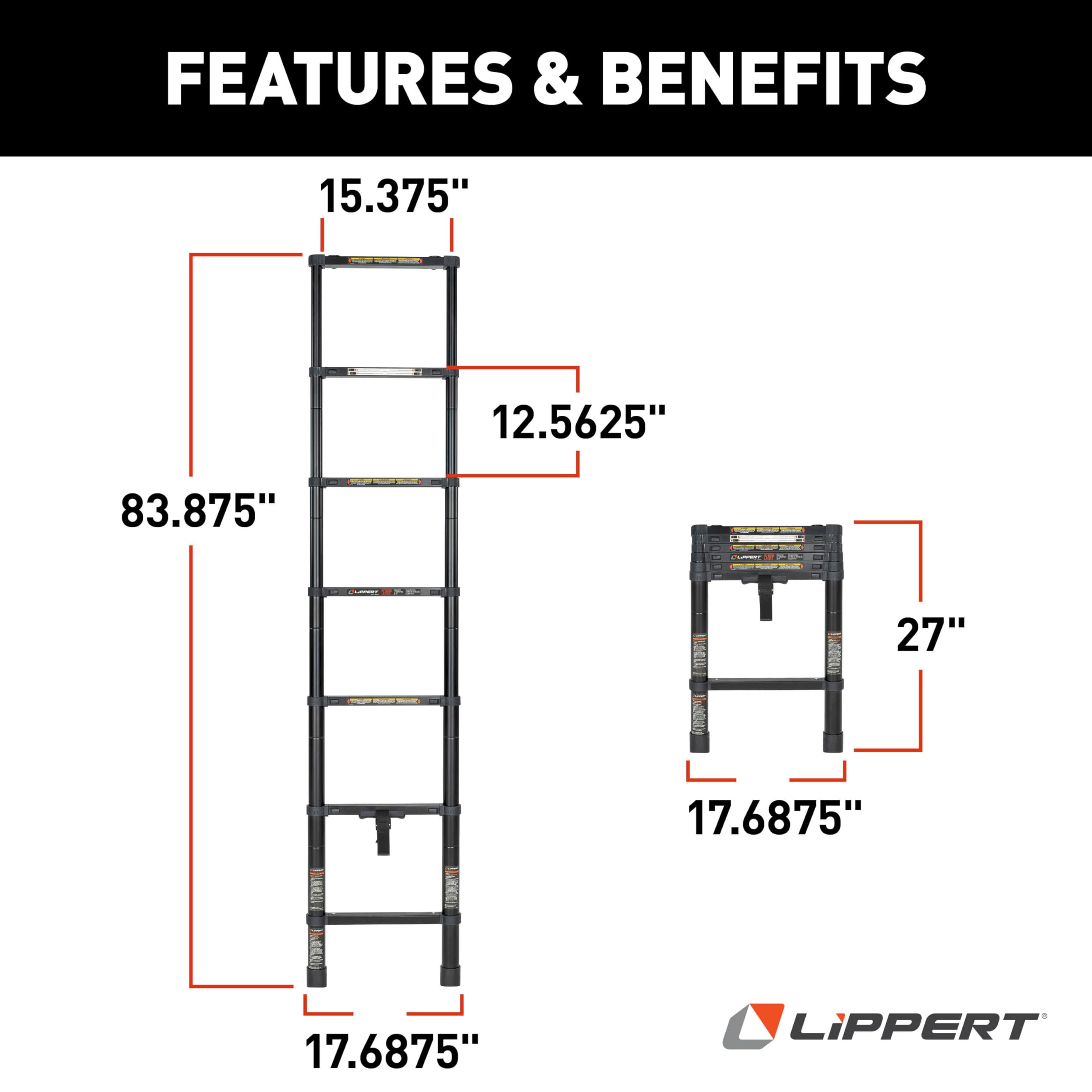 Lippert RV Bunk Bed Collapsible Ladder with 7’ Length, 250-lb. Weight Capacity, Telescoping Design, Two Female Attachment Brackets Included - 2024044562