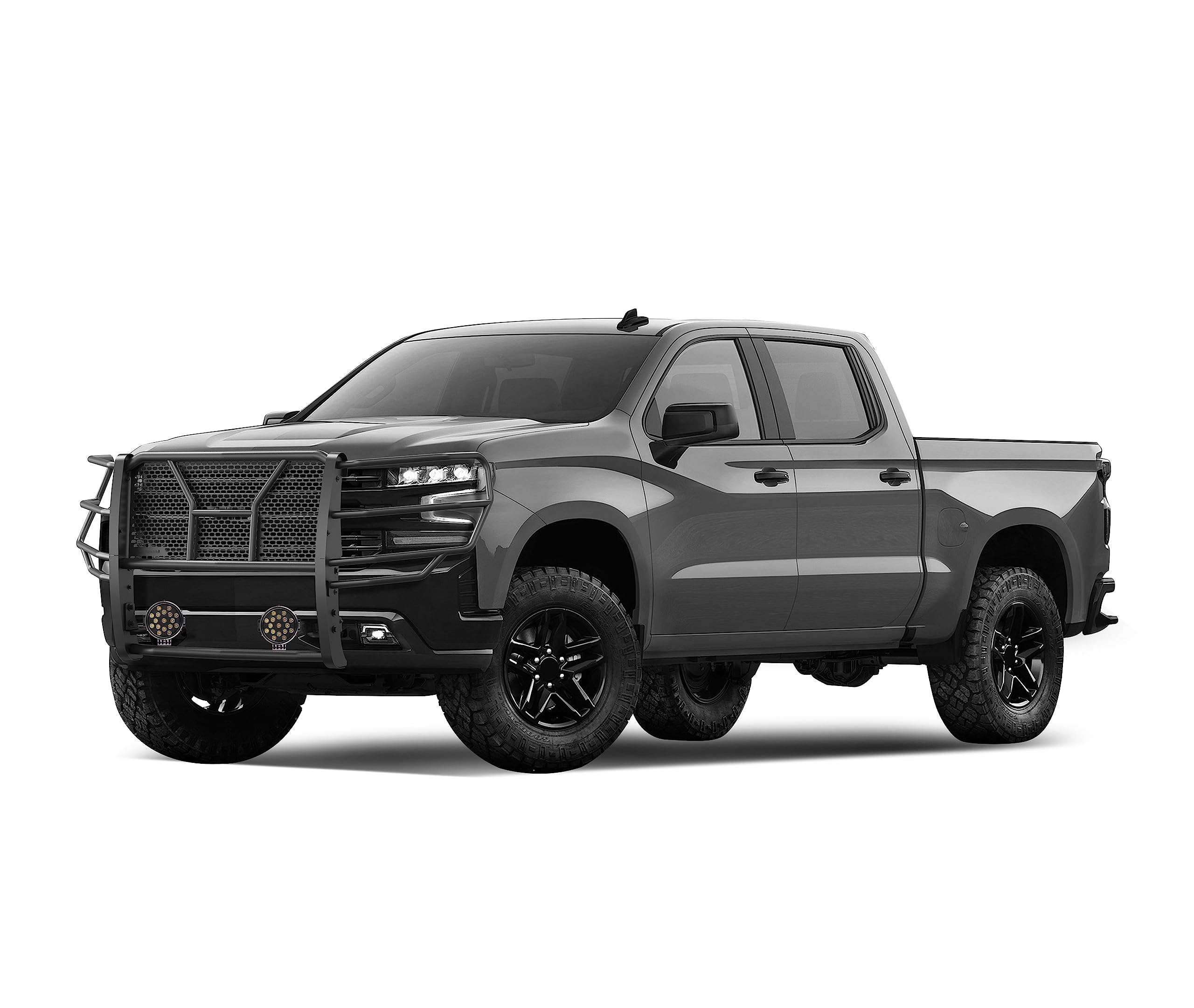 Heavy Duty Black Horse Rugged Grille Brush Bumper Guard Modular Black Come with Pair of 7.0" Dia.LED Lights with Black Trim Rings Compatible with 2019-2024 Chevrolet Silverado 1500-RU-CHSI19-B-PLB