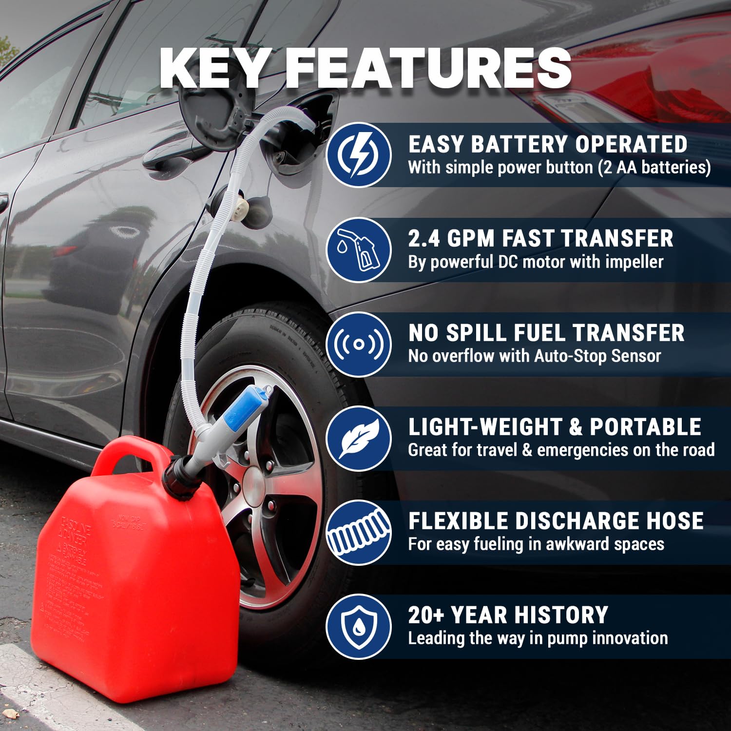 TERA PUMP Portable Automatic Battery Operated Water/Fuel Transfer Pump, Powerful Hand Fuel Pump Fits All Size Jugs w/ 1.2" Intake tube - Quick Transfer at 2.8 Gal/Min (2 AA Batteries, Not Included)