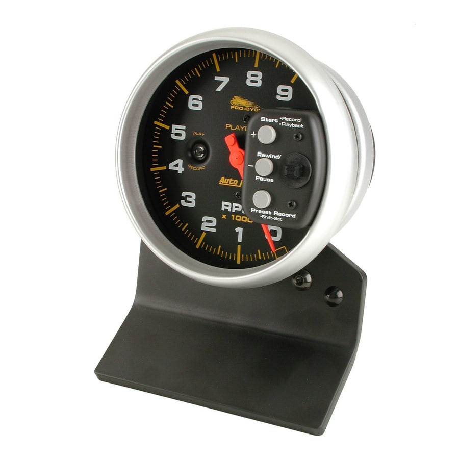 Tach AutoMeter Gauge, 5", 9K RPM, Pedestal W/RPM Playback, Black, Pro-Cycle (19266)