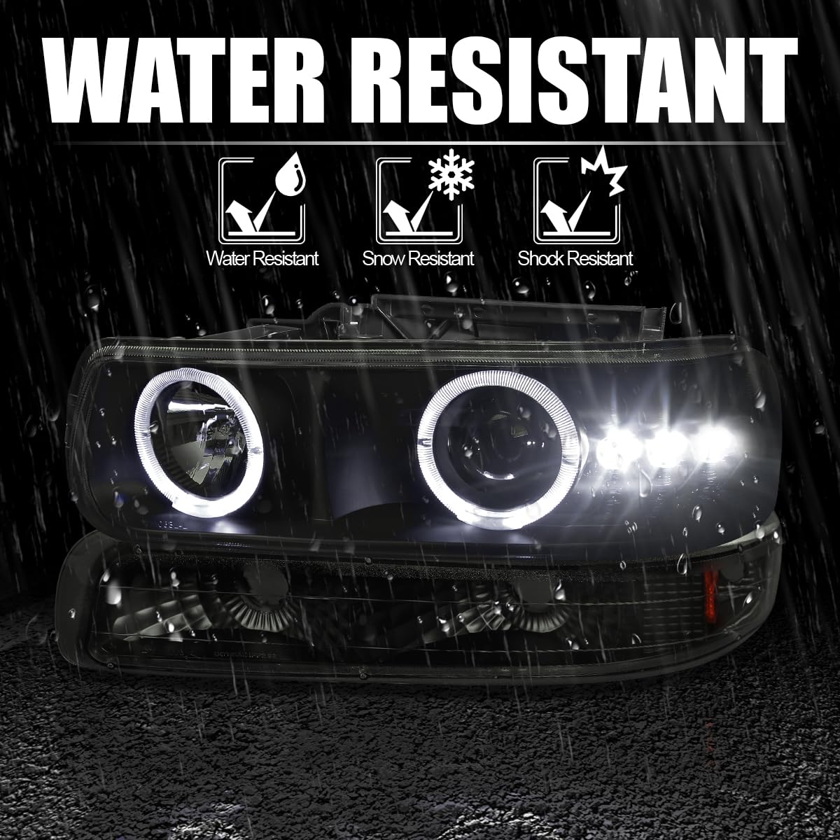 Smoke LED Halo Projector Headlights + Bumper Lights SPEC-D TUNING Compatible with 1999-2002 Chevy Silverado 1500 2500 3500, 2000-2006 Tahoe, Left + Right Pair Headlamps Assembly