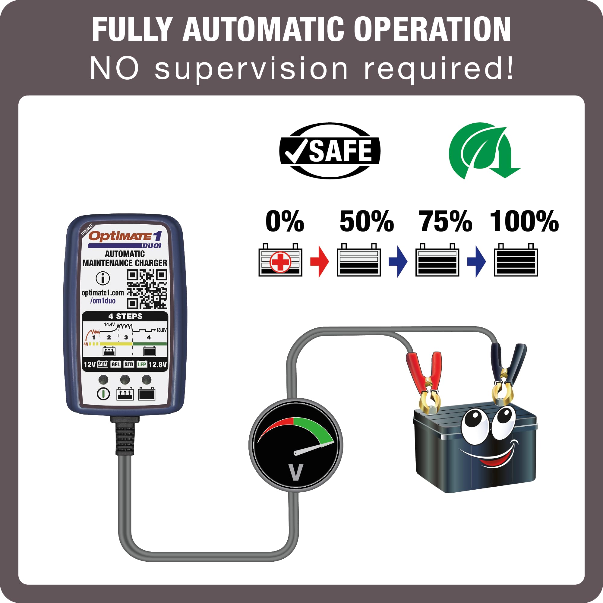 TecMate Optimate 1 Duo, TM-409, 12V / 12.8V 0.6A Battery Charger & maintainer 4-Step