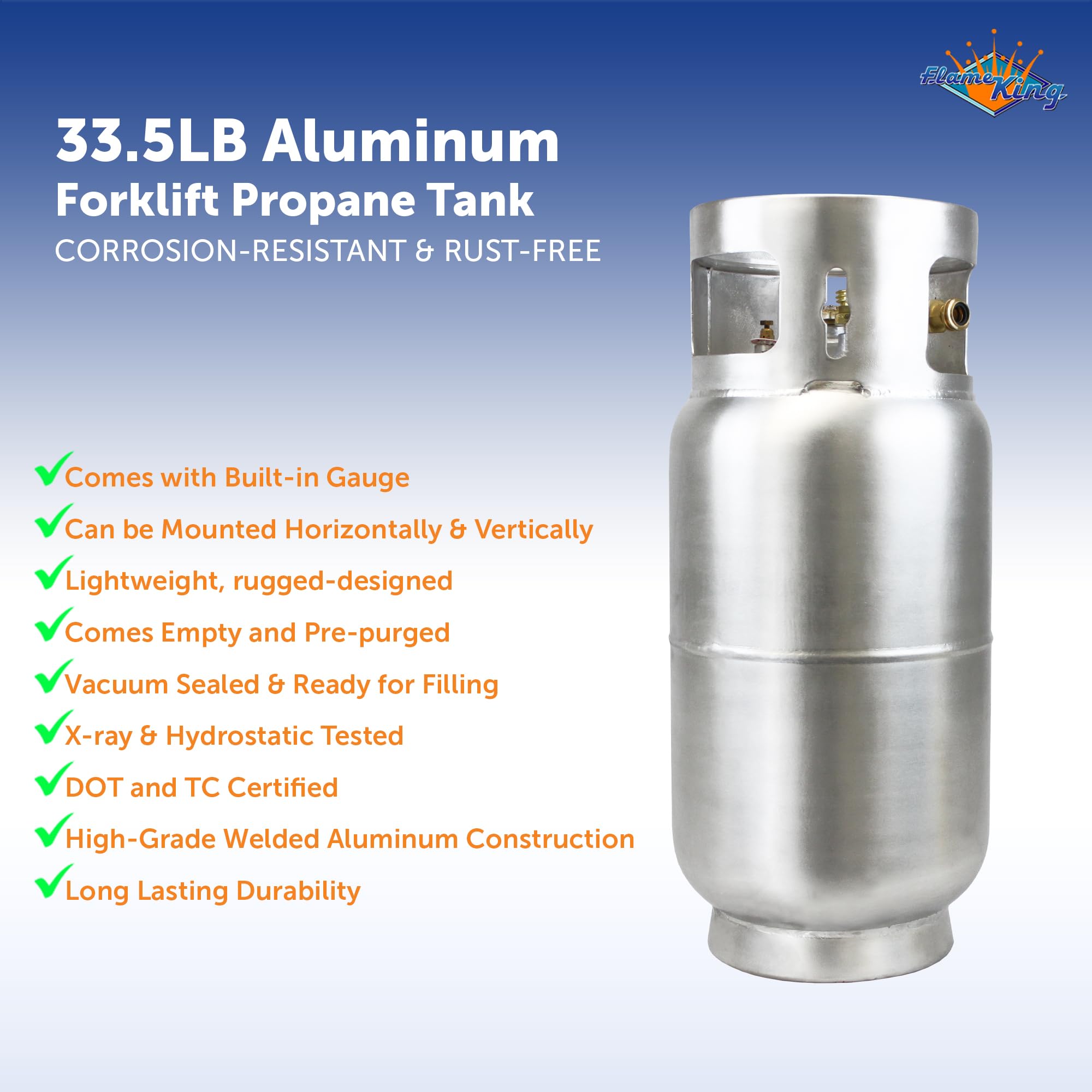 Flame King Aluminum 33.5lb Forklift Propane Tank with Gauge, DOT and TC Compliant, Lightweight, Rugged-Designed