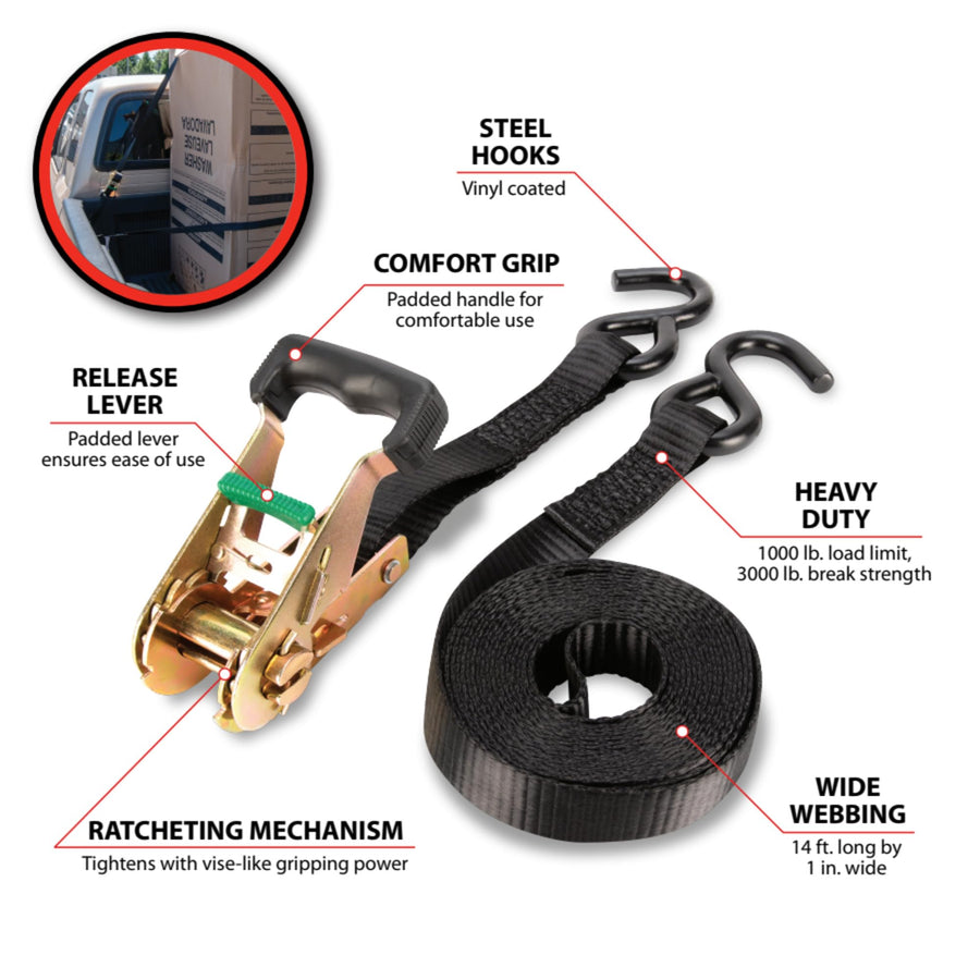 1-in X 14-ft Performance Tool W1856 Ratcheting Tie Down Strap: 1000 lb Load Limit, 3000 lb Break Strength, Strong Poly Webbing, Padded Comfort Ratchet Handle, Vinyl Hooks, Heavy Duty, Black