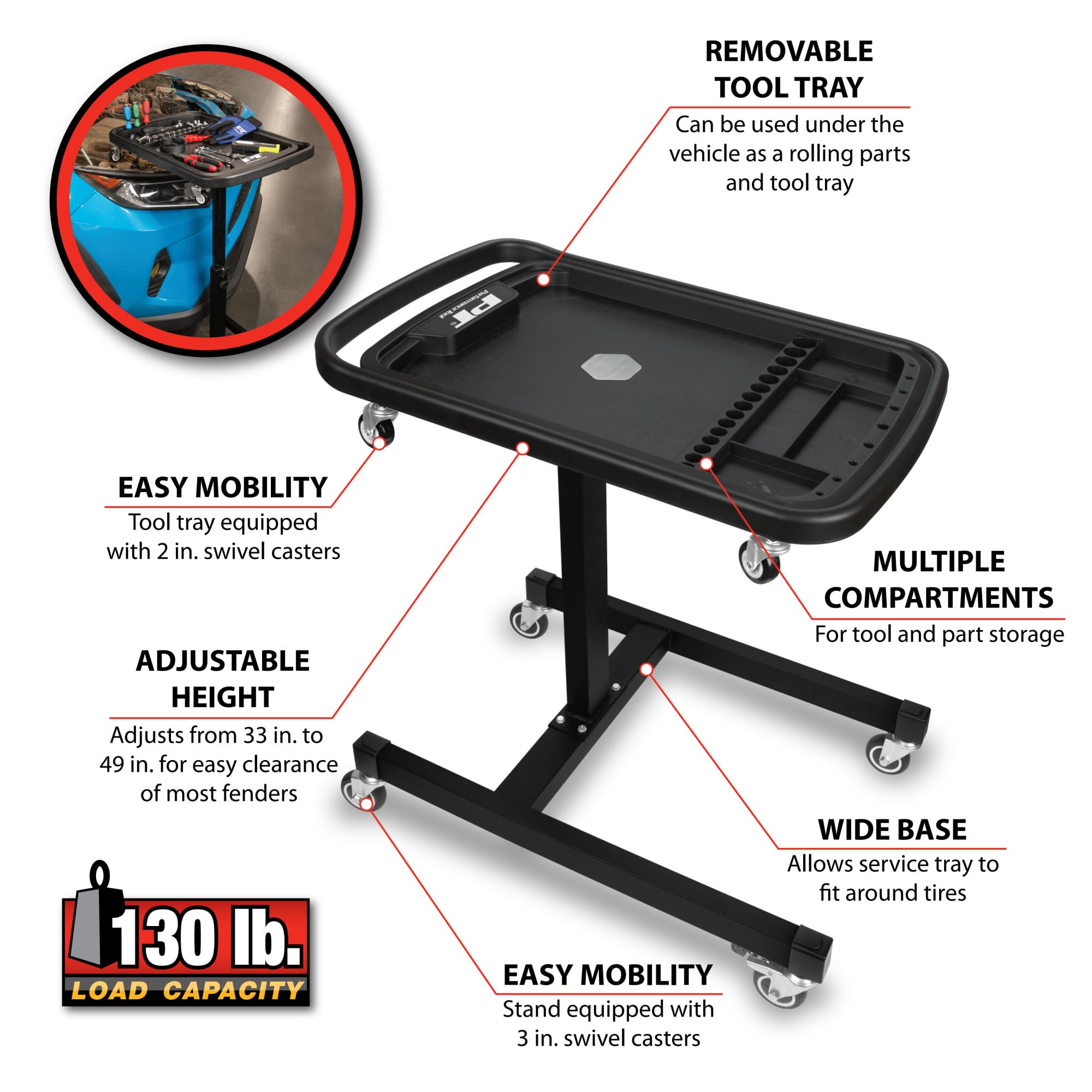 W85039 Performance Tool 2-in-1 Adjustable Mobile Tool Table - Swivel Casters, Removable Magnetic Tool Tray, Steel, Black