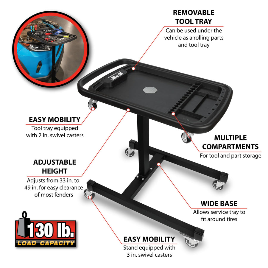W85039 Performance Tool 2-in-1 Adjustable Mobile Tool Table - Swivel Casters, Removable Magnetic Tool Tray, Steel, Black