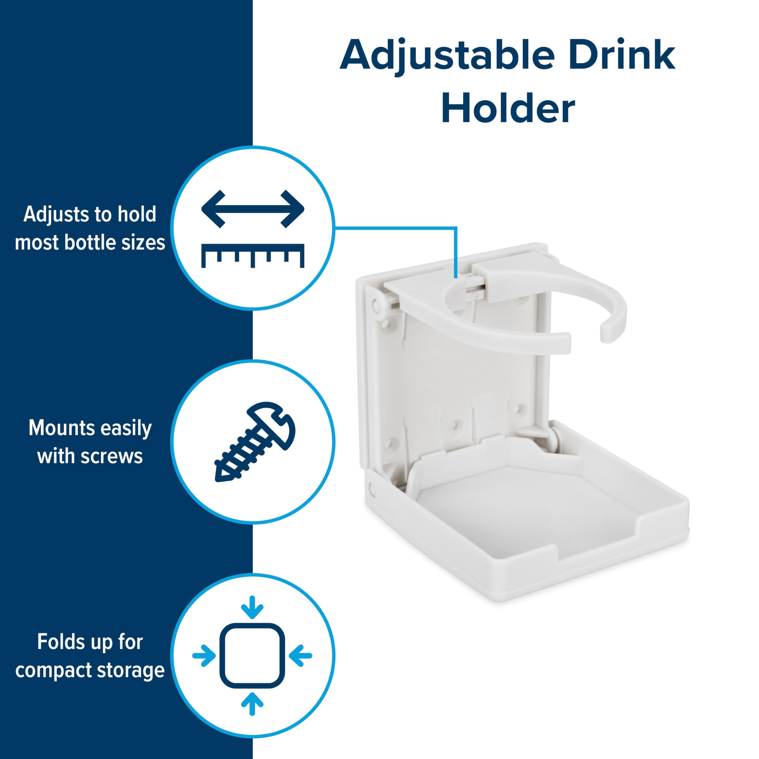 Camco Drink Holder Camper/RV - Features Adjustable Space-Saving Design & Holds Almost Any Size Mug, Cup, Bottle or Can - Extra Cup Holder for Cars, Trucks, RVs, Vans, Boats, and More - White (44040)