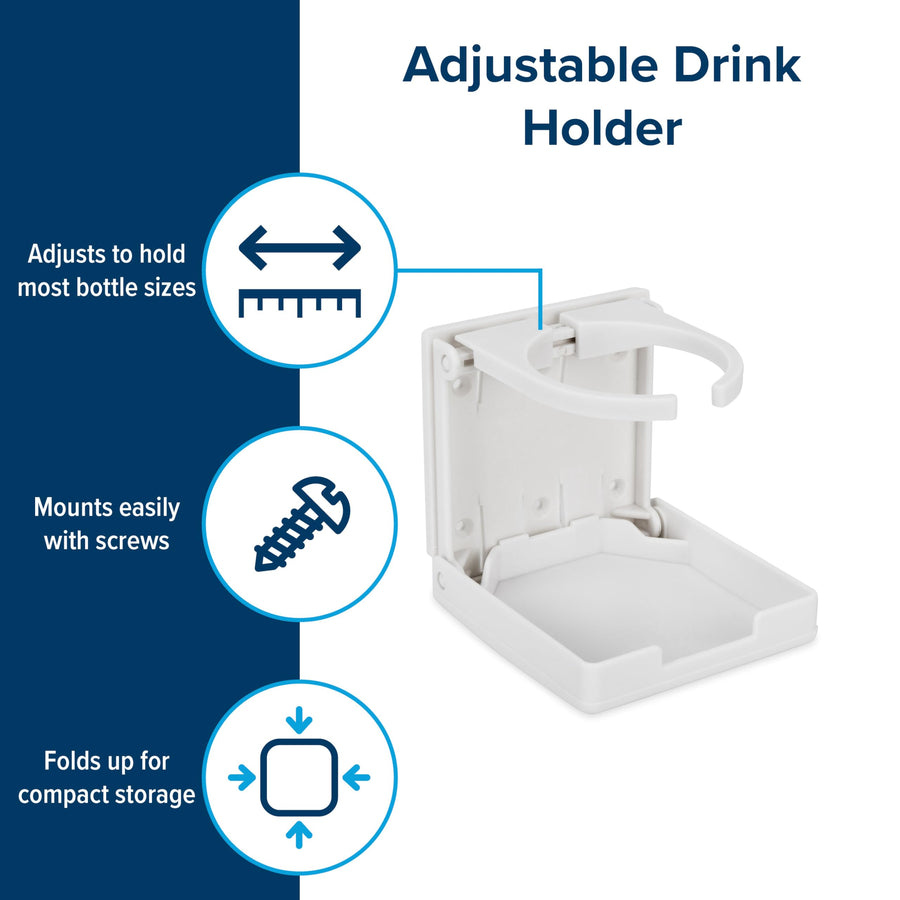 Camco Drink Holder Camper/RV - Features Adjustable Space-Saving Design & Holds Almost Any Size Mug, Cup, Bottle or Can - Extra Cup Holder for Cars, Trucks, RVs, Vans, Boats, and More - White (44040)