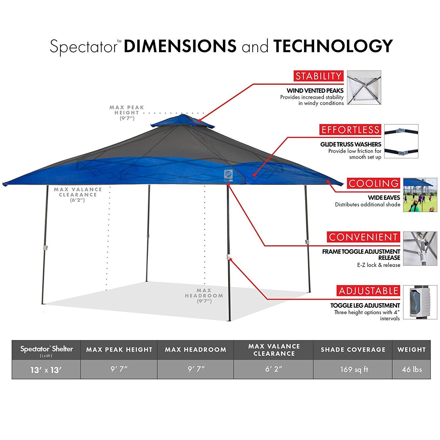 E-Z UP Instant Shelter Spectator Canopy, 13' x 13' with 169 sq ft of Shade, Vented Roof, Royal Blue Dual Tone