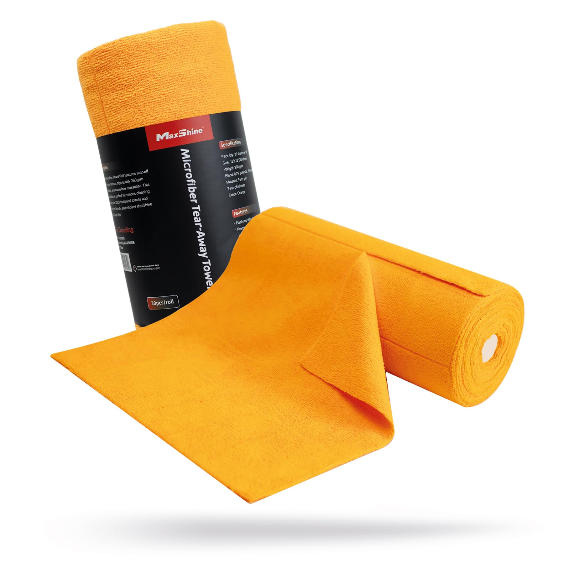Maxshine Orange Universal Microfiber Tear-Away Towel Roll | 30 Reusable 12”x12” Sheets, 260GSM Terry Microfiber | Eco-Friendly Lint-Free Cleaning Cloths for Car Detailing, Home & Garage Use