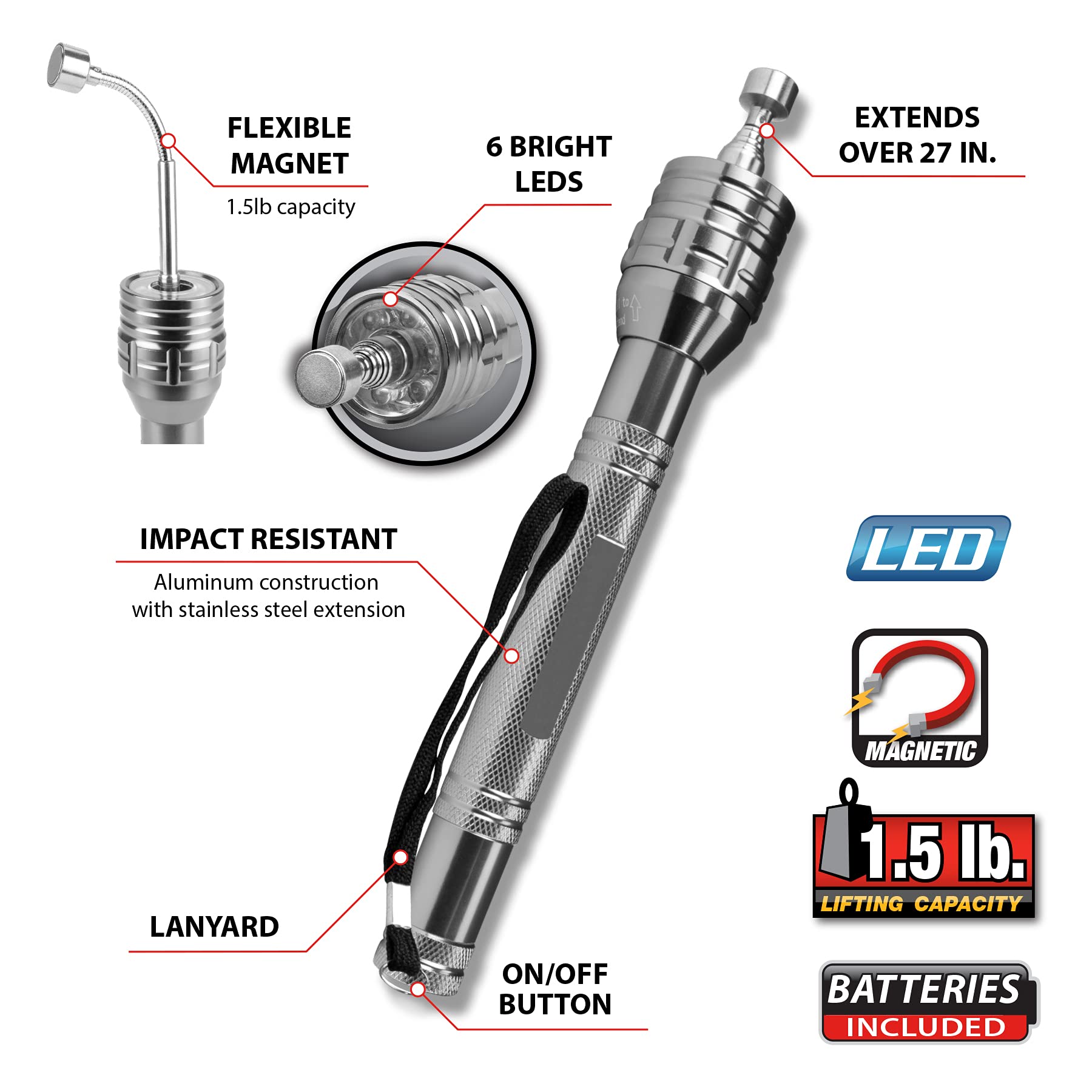 Telescoping Performance Tool W1930 Magnetic Flashlight with Flexible Magnet, Extends to 27-Inches, 6 LEDs, Impact Resistant Aluminum Construction