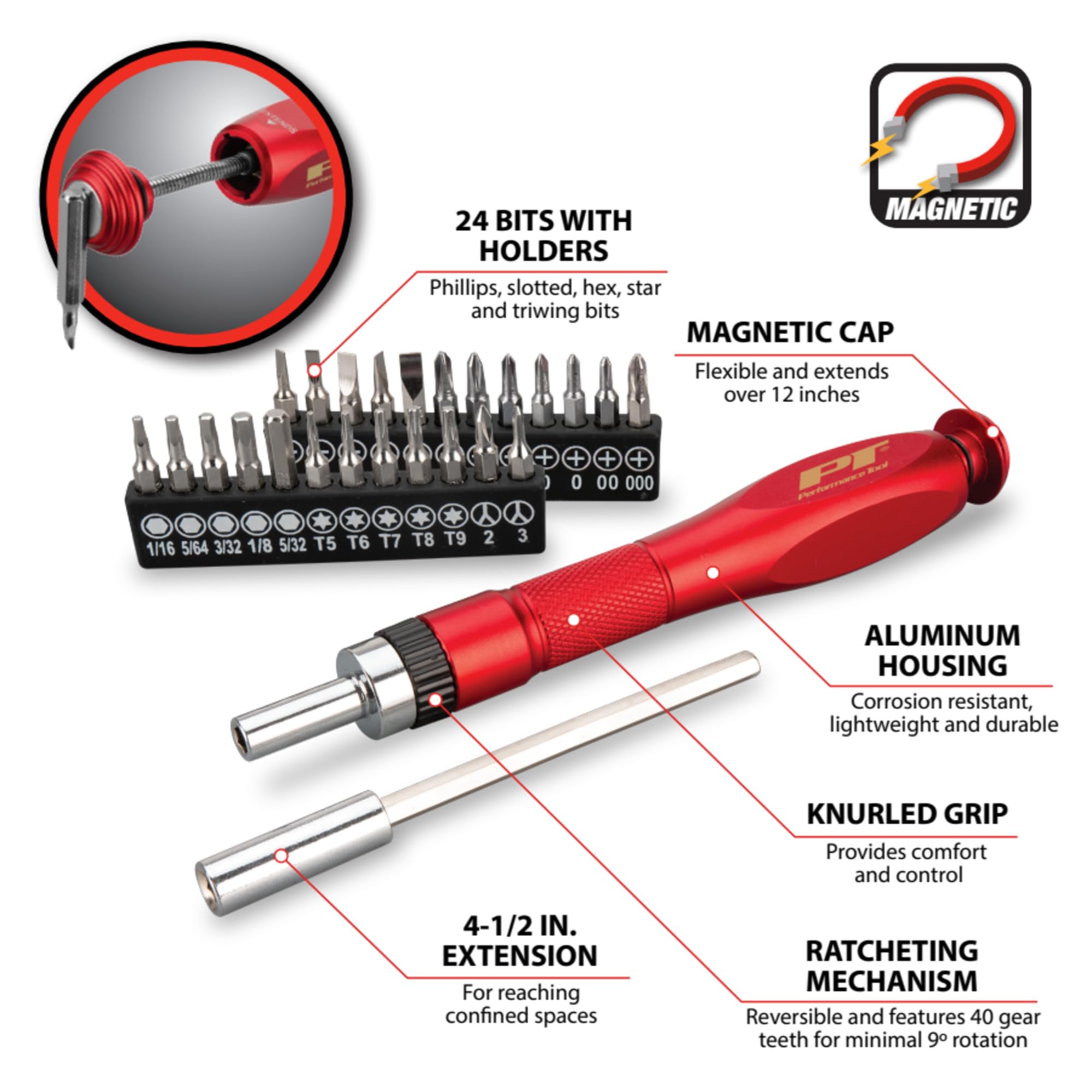 26 Pc. Performance Tool W495 Precision Driver/Pickup Tool Set, Anodized Aluminum, Extends over 12 Inches, Flexible Neck, Ratcheting Mechanism
