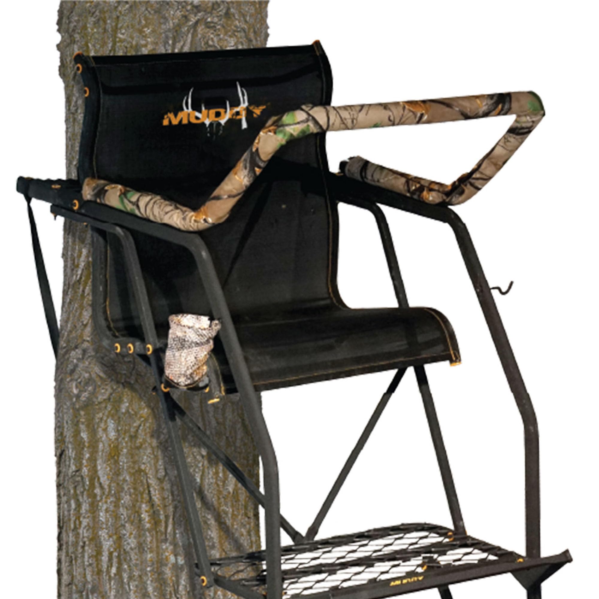 The Stronghold 1.5 MUDDY Deer Hunting Ladderstand, 21 Foot 1 Person Climbing Tree Stand with Lumbar Seat and Expanded D-Force Metal Platform