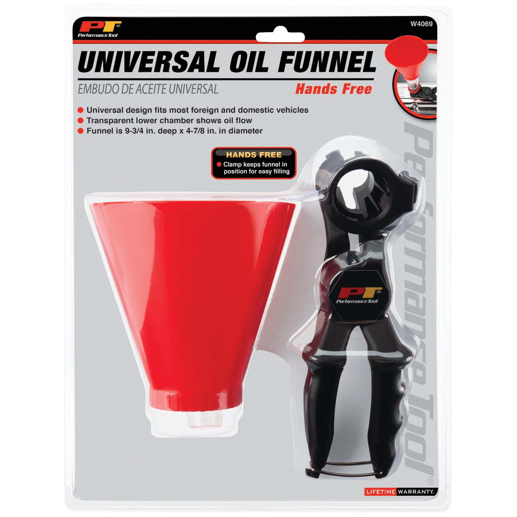 Hands-Free Funnel Performance Tool W4069 with Clamp - Prevents Spills, Transparent Lower Chamber, Fits Most Vehicles, 257mm x 127mm Dimensions