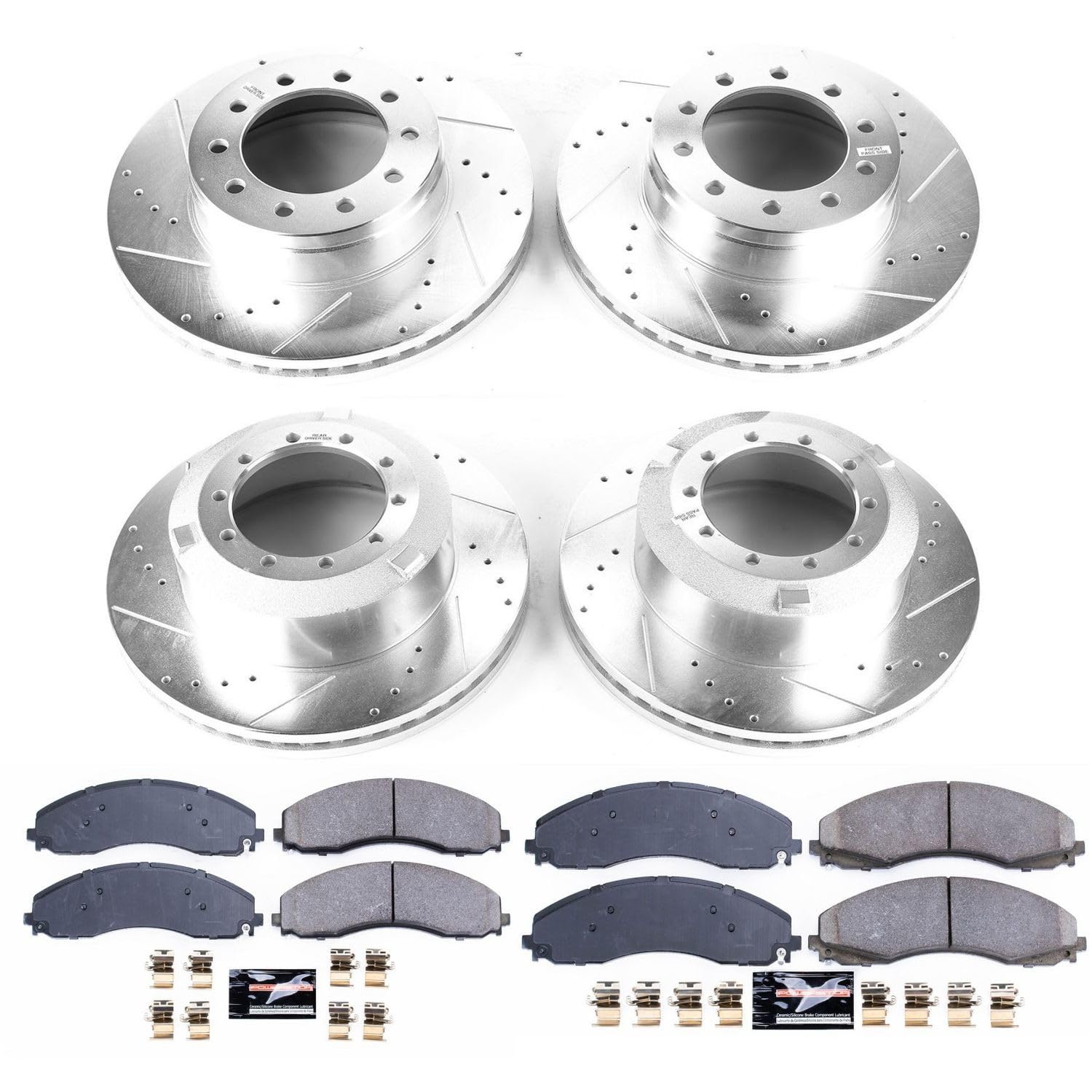 Power Stop K7423 Z23 Carbon Fiber Brake Pads Front and Rear with Drilled & Slotted Brake Rotors Kit For Ford F-450 Super Duty, Ford F-550 Super Duty, Ford F-600 Super Duty [Model Specific]