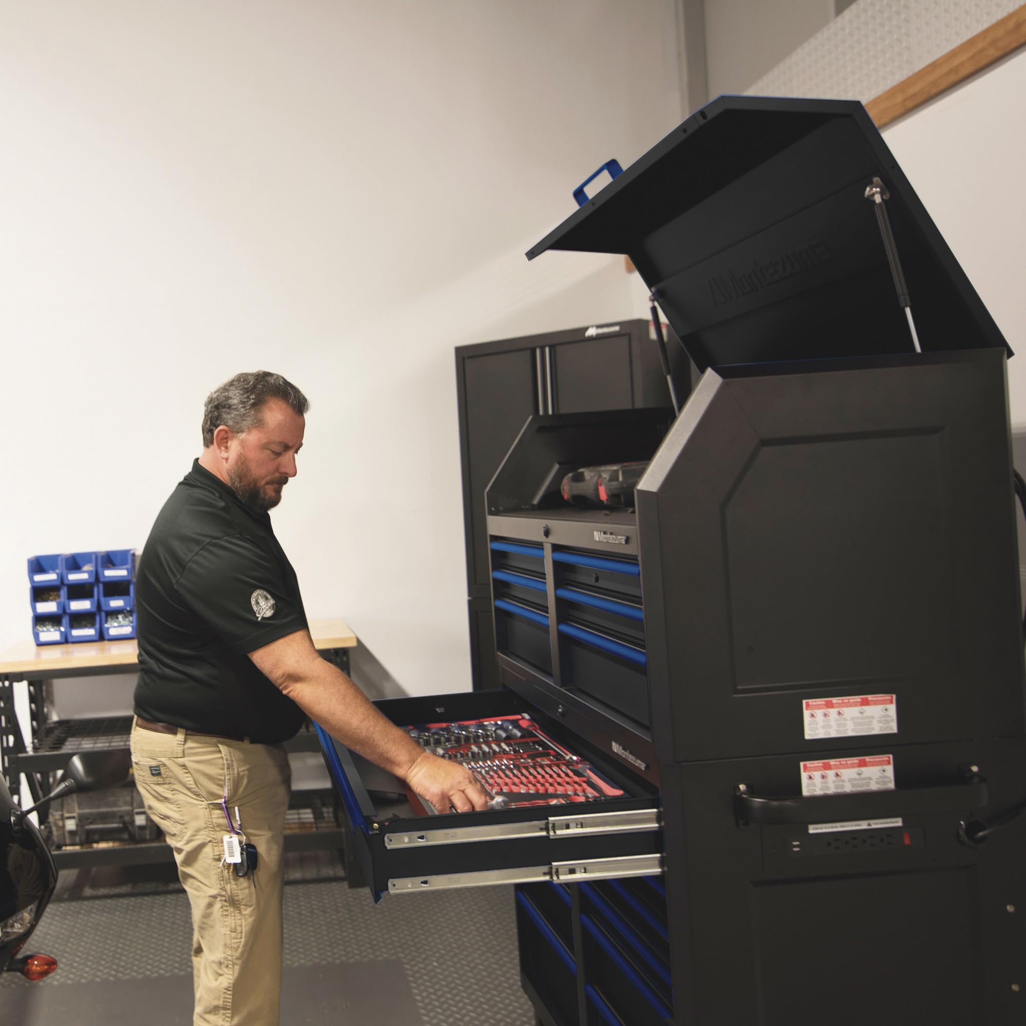 Montezuma Tool Box - 11 Drawer 46" x24" Rolling Tool Cabinet with Multiple Power Outlets & Black Powder Coat Finish - M462411TC