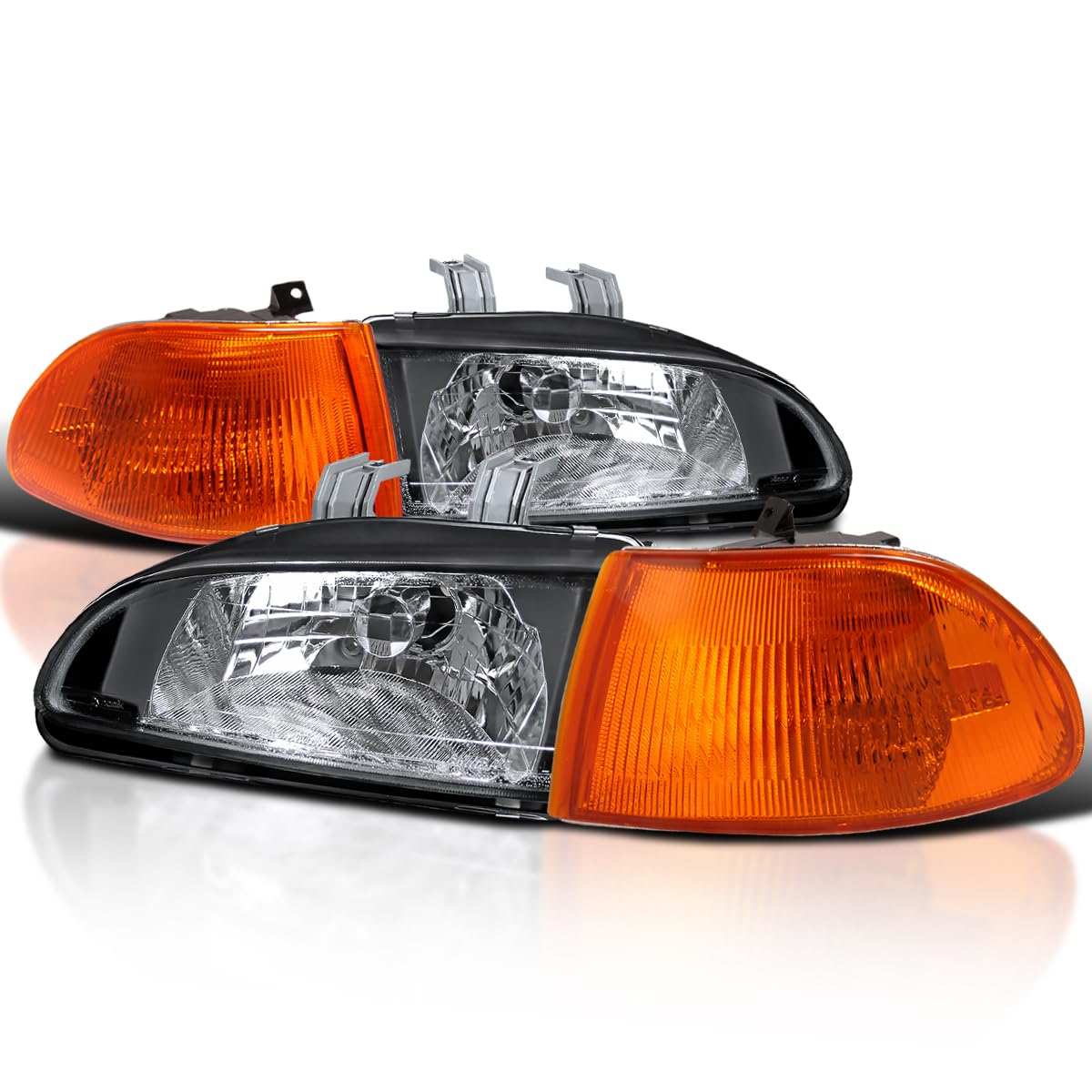 Black Headlights + Amber Corner Lights SPEC-D TUNING Compatible with 1992-1995 Honda Civic EG 4Dr Sedan L+R Pair Head Light Lamp Assembly