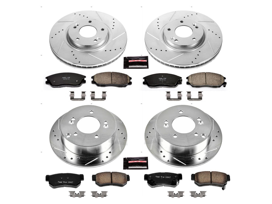 Power Stop K4450 Z23 Carbon Fiber Brake Pads Front and Rear with Drilled & Slotted Brake Rotors Kit For Hyundai XG350 2003-2005 [Model Specific]