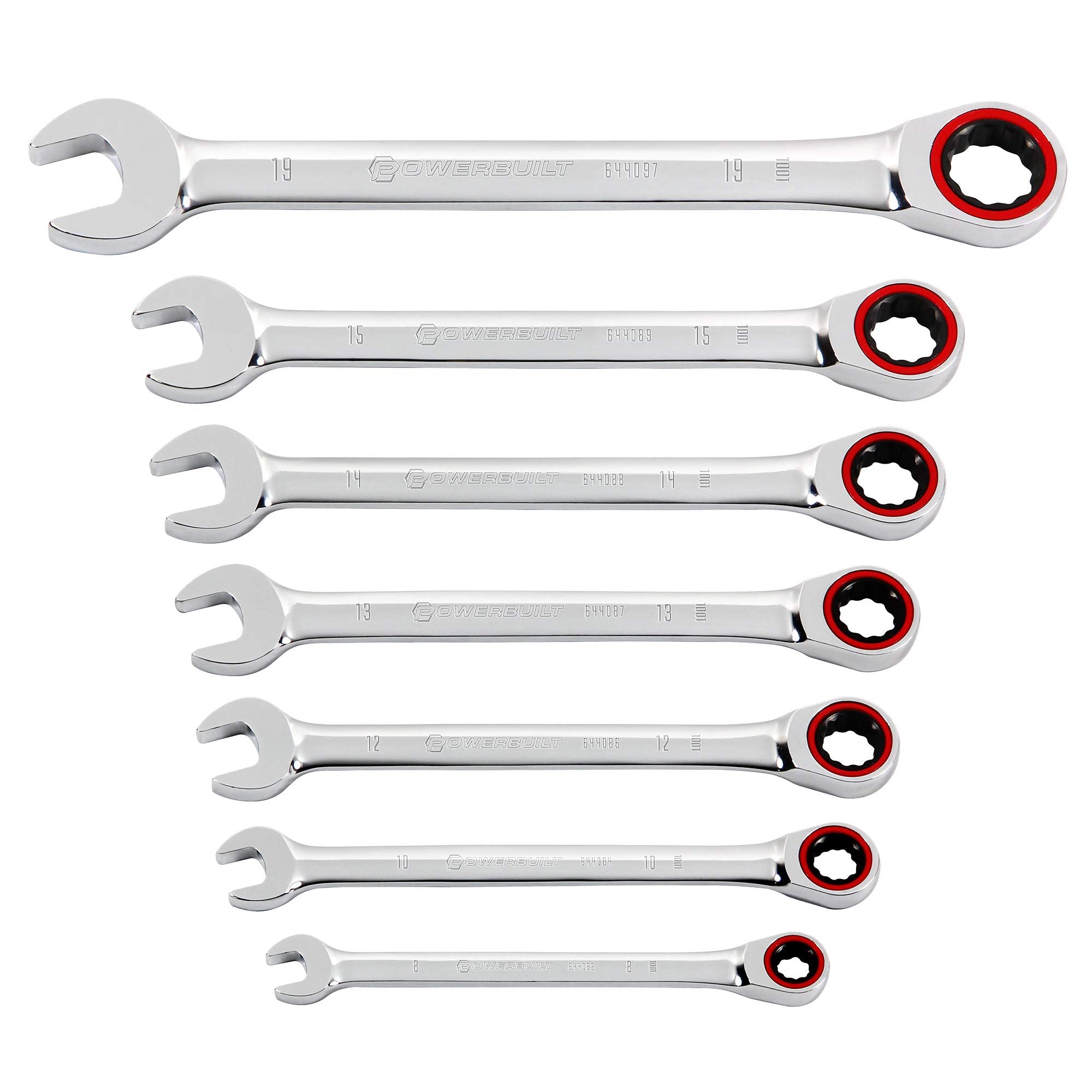 Powerbuilt 100 Tooth 7 Piece Metric Ratcheting Combination Wrench Set, 8mm 10mm 12mm 13mm 14mm 15mm 19mm, Color Ring, 3.6 degrees to engage, Storage Rack - 642762