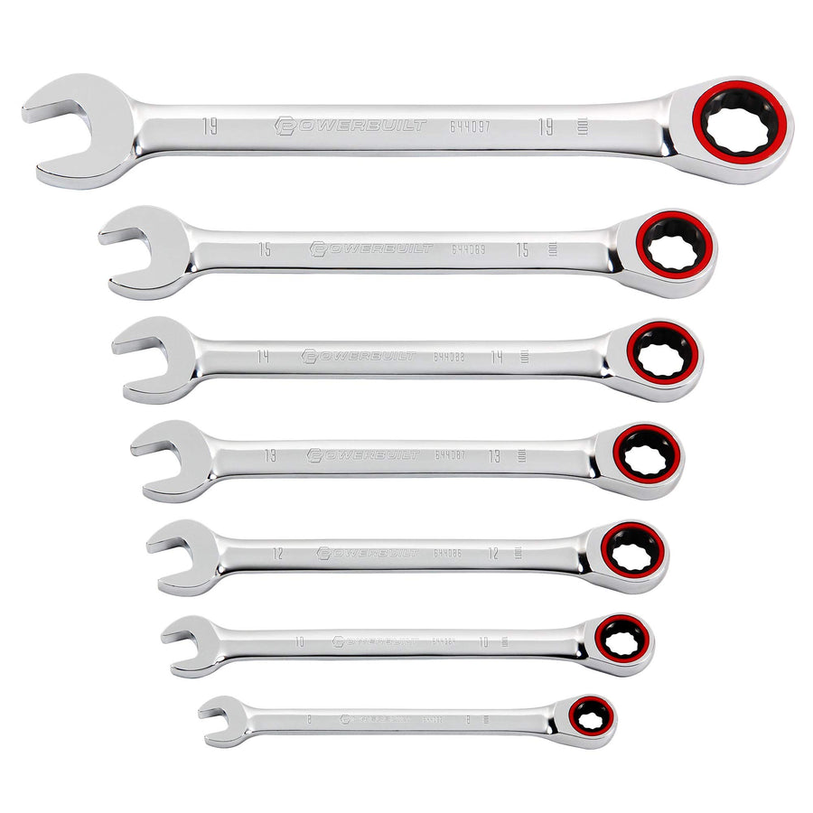 Powerbuilt 100 Tooth 7 Piece Metric Ratcheting Combination Wrench Set, 8mm 10mm 12mm 13mm 14mm 15mm 19mm, Color Ring, 3.6 degrees to engage, Storage Rack - 642762