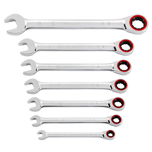 Powerbuilt 100 Tooth 7 Piece Metric Ratcheting Combination Wrench Set, 8mm 10mm 12mm 13mm 14mm 15mm 19mm, Color Ring, 3.6 degrees to engage, Storage Rack - 642762