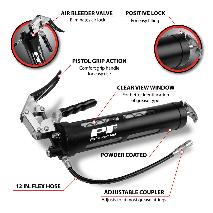 Clear View Performance Tool W54294 Pistol Action Manual Grease Gun with 12-Inch Wipe Hose and Coupler