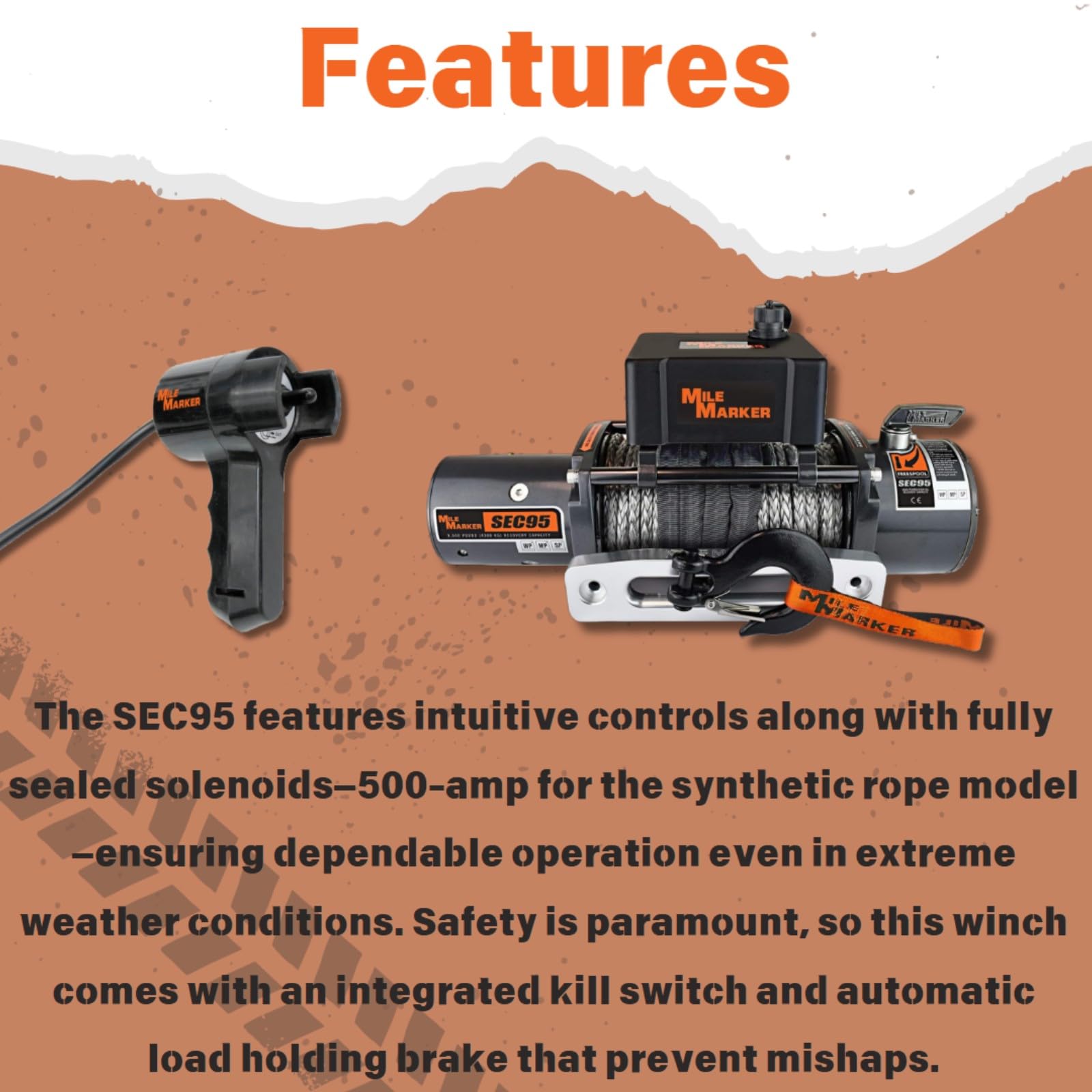 SEC95 Mile Marker 76-53246BW Winch - 9500 lb. Weight Capacity - Synthetic Rope & Hawse Fairlead - Remote with 12’ Cord - User Friendly - Integrated Kill Switch - Fully Sealed 500 Amp Solenoids