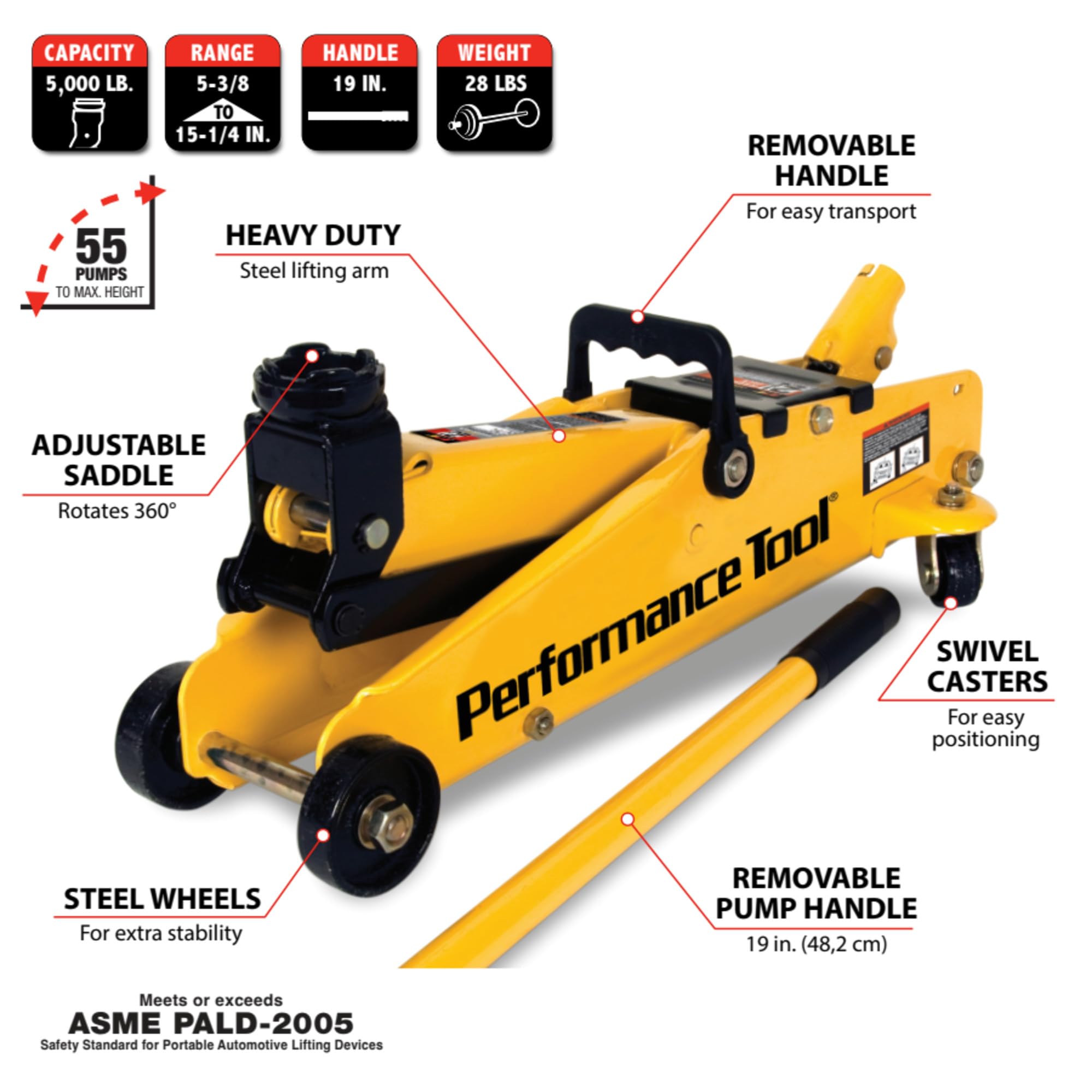 2-1/2 Ton Performance Tool W1640 Garage Jack, (5,000 lbs.) 5-15.5-Inch Lift, Swivel Casters, For Cars/Trucks