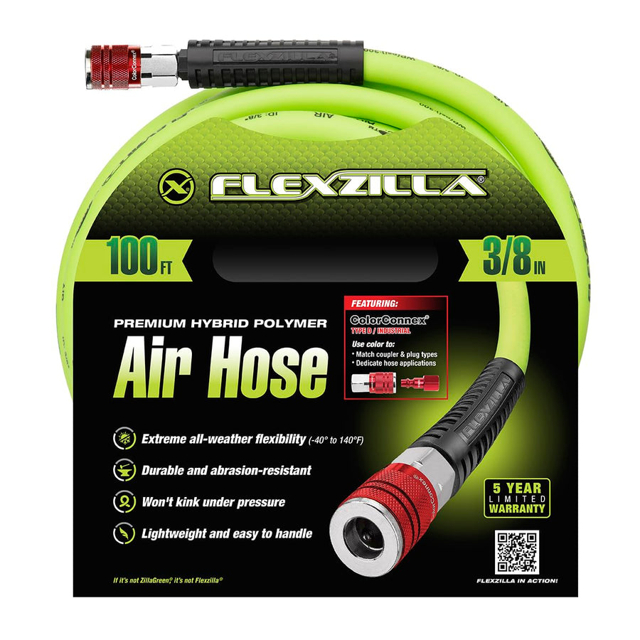 Air Hose Flexzilla with ColorConnex Industrial Type D Coupler and Plug, 3/8 in. x 100 ft., Heavy Duty, Lightweight, Hybrid, ZillaGreen - HFZ38100YW2-D
