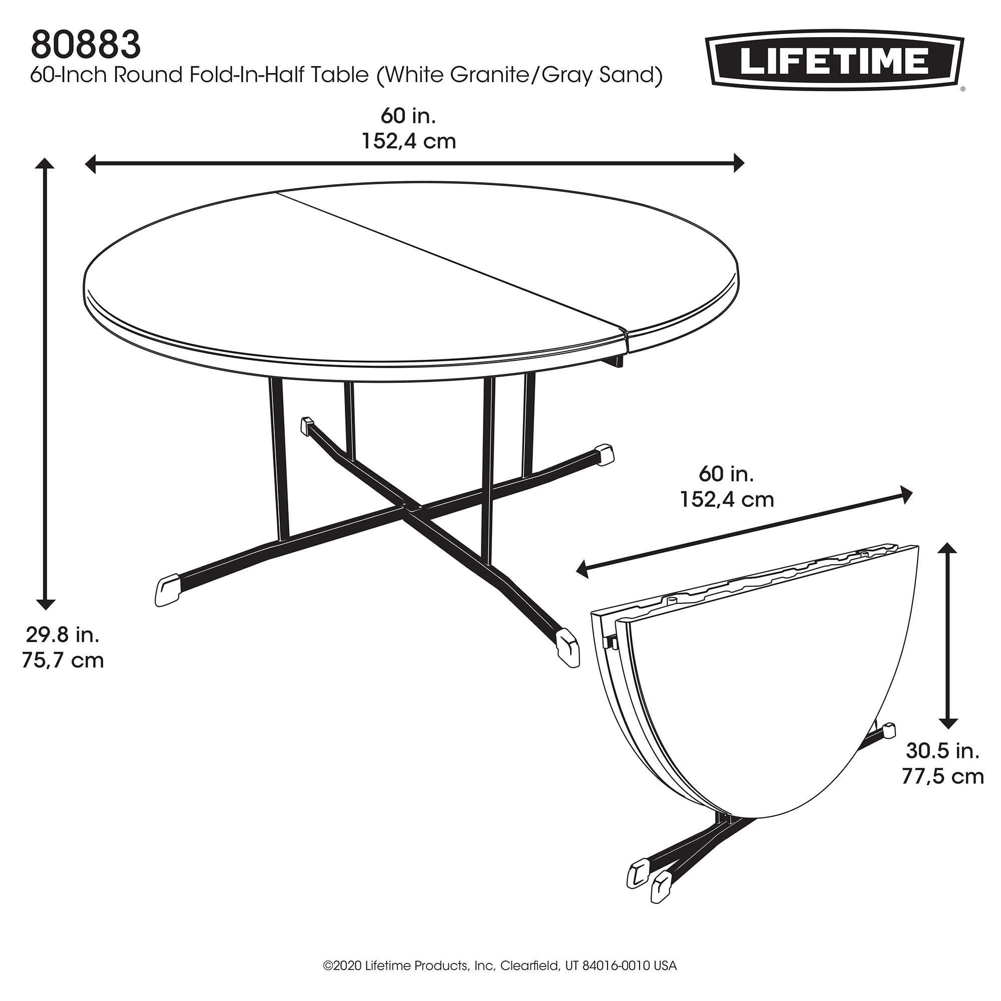 60-Inch Round Lifetime Fold-in-Half, 2 Pack, Commercial, White Granite Table