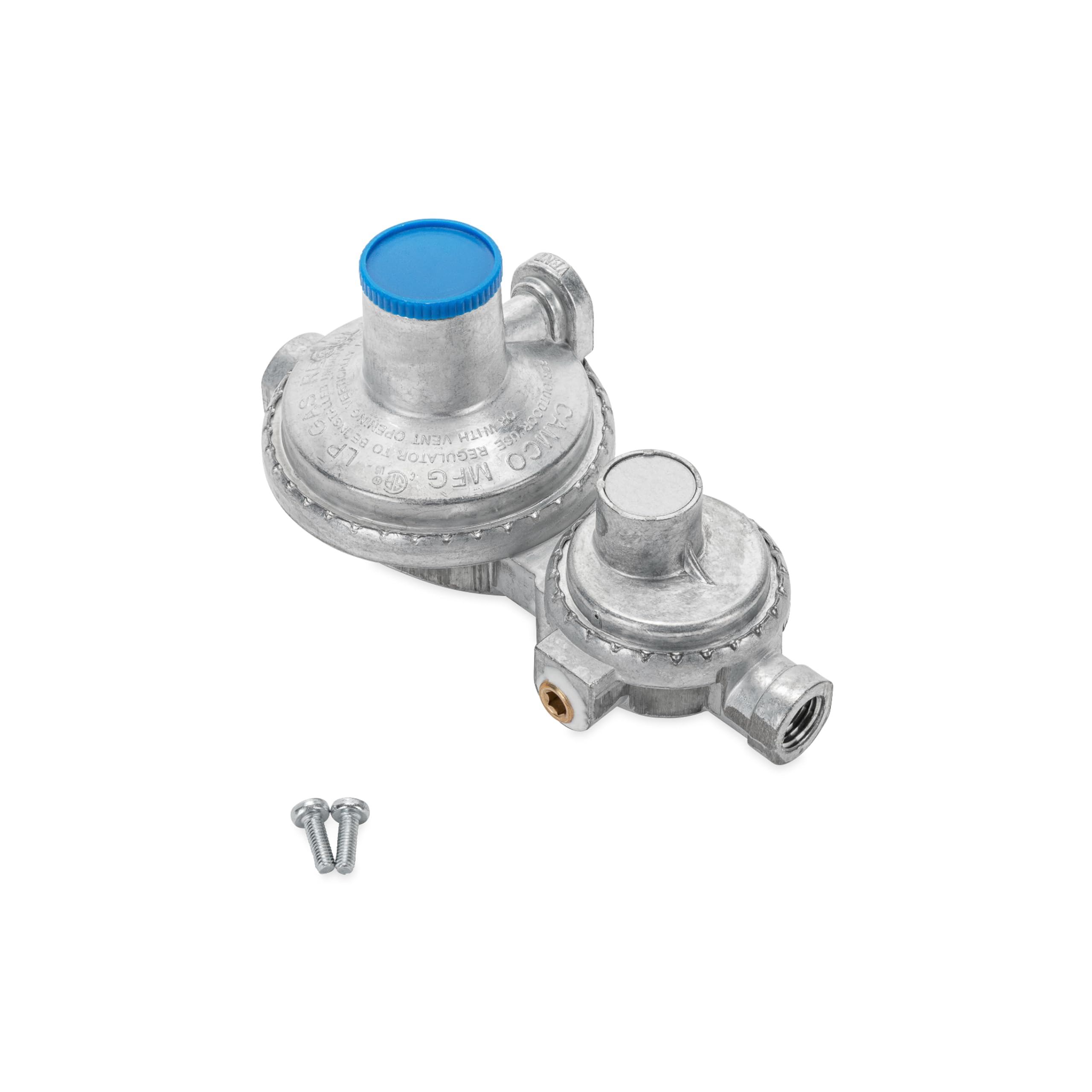 Horizontal Camco Two Stage Propane Regulator - Compatible with 20 lb or 30 lb Propane Tanks with ACME Threads - 1/4-inch Female NPT inlet and 3/8-inch Female NPT outlet (59323)
