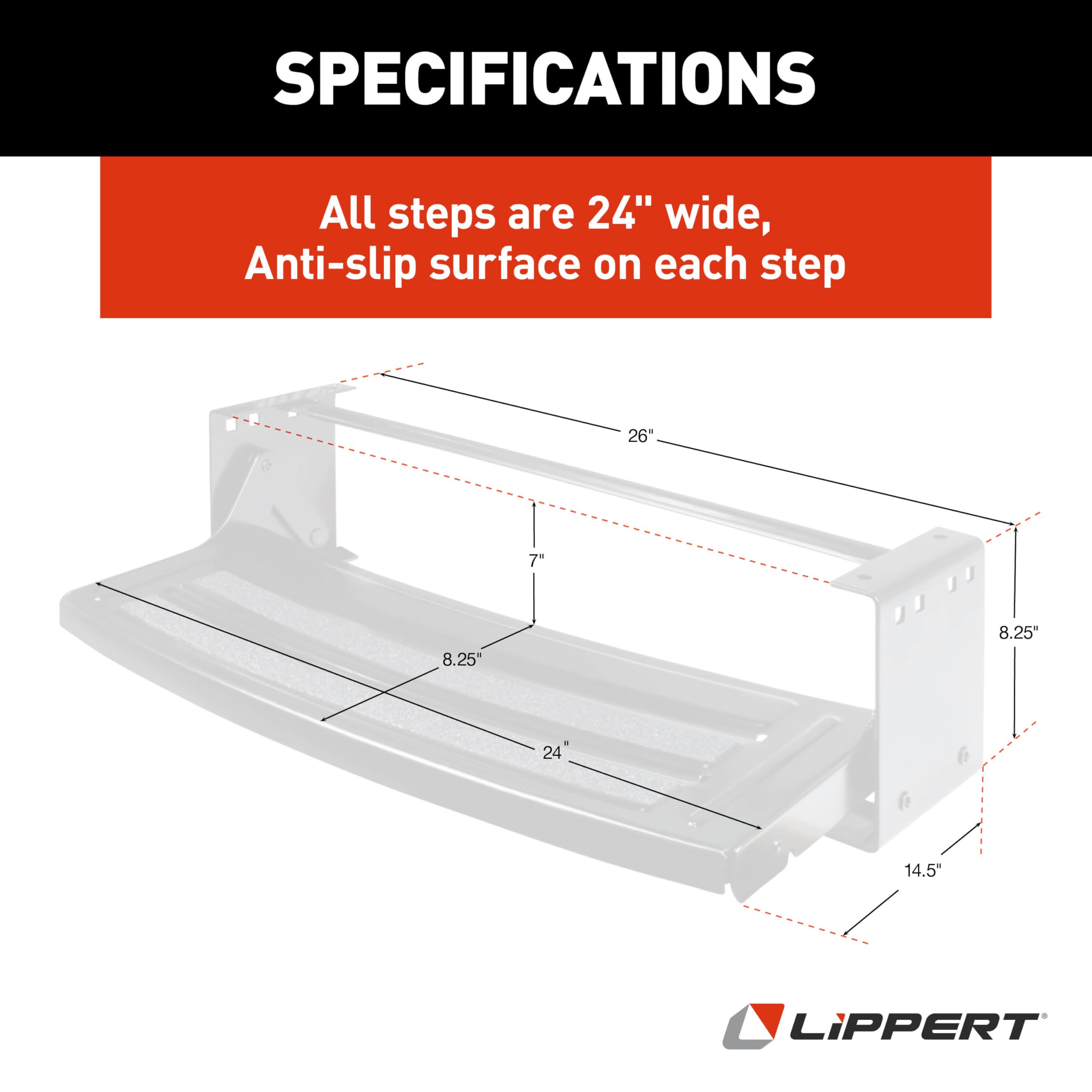 Radius Lippert Components 24" Single Manual RV Step Assembly, 300 lbs. Anti-Slip Steps, Compact One-Hand Expand or Collapse, Black Powder Coat, Travel Trailers, 5th Wheels, Campers - 432678