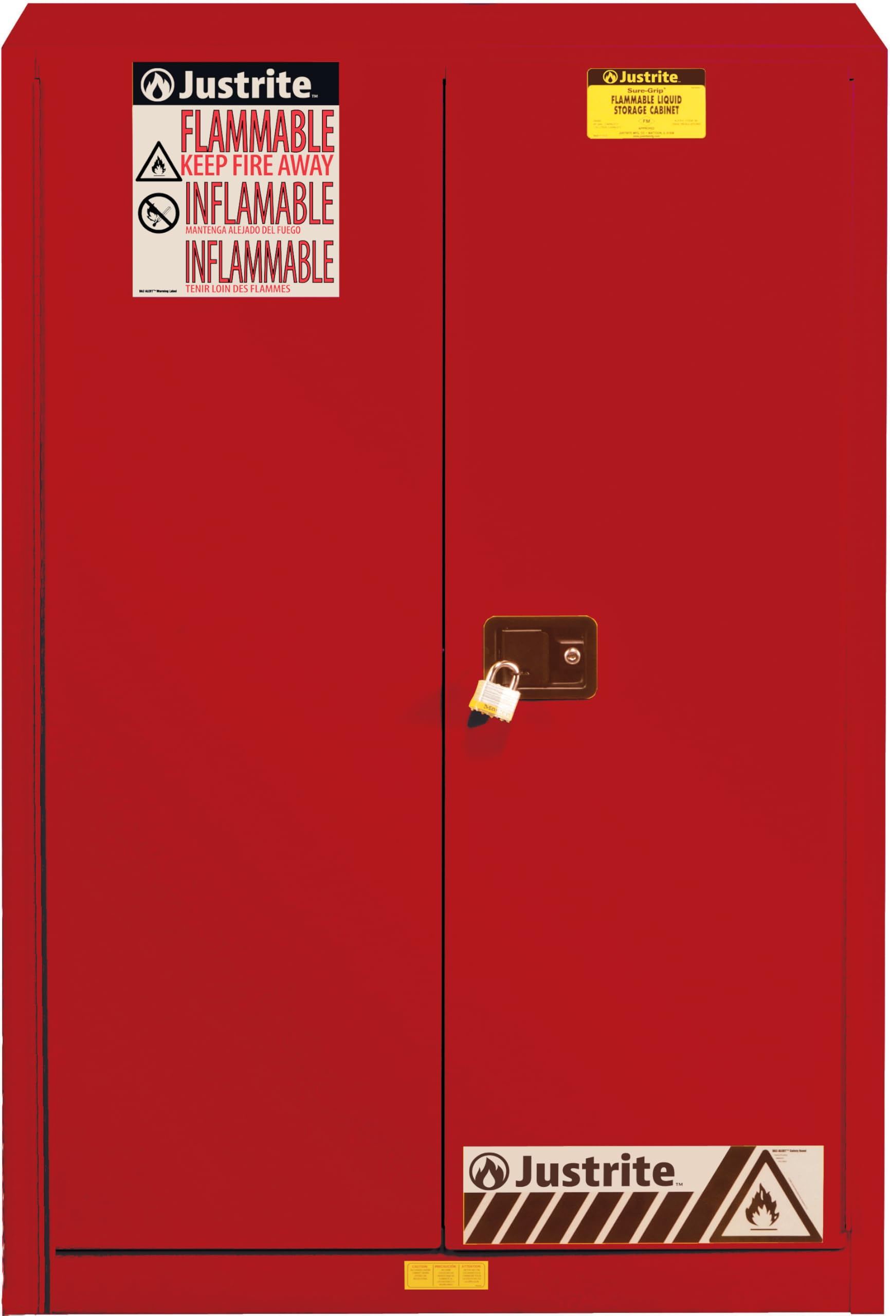 Justrite 45 Gallon Flammable Storage Cabinet Self Close, 18 Gauge Steel, 2 Shelves, 2 Door Fire Cabinet, 65" x 43" x 18", Made in The USA, Red, 894521