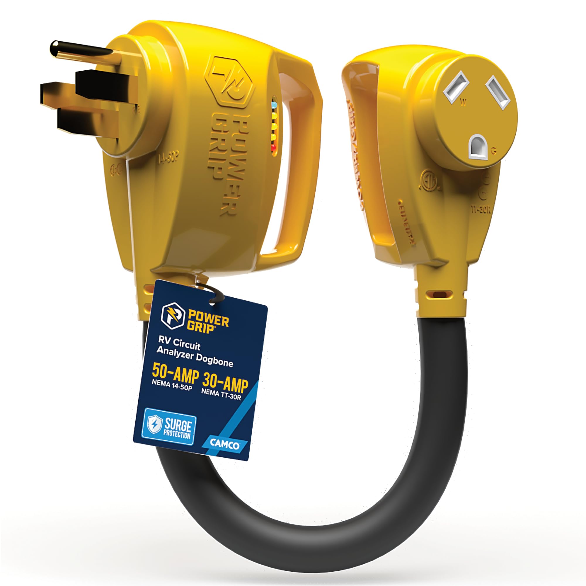 Camco 18" Power Grip RV 50-Amp Circuit Analyzer Dogbone - Features Integrated Surge Protection & Fault Indication, 50-Amp Male to 30-Amp Female, 125V / 3750W (55563)