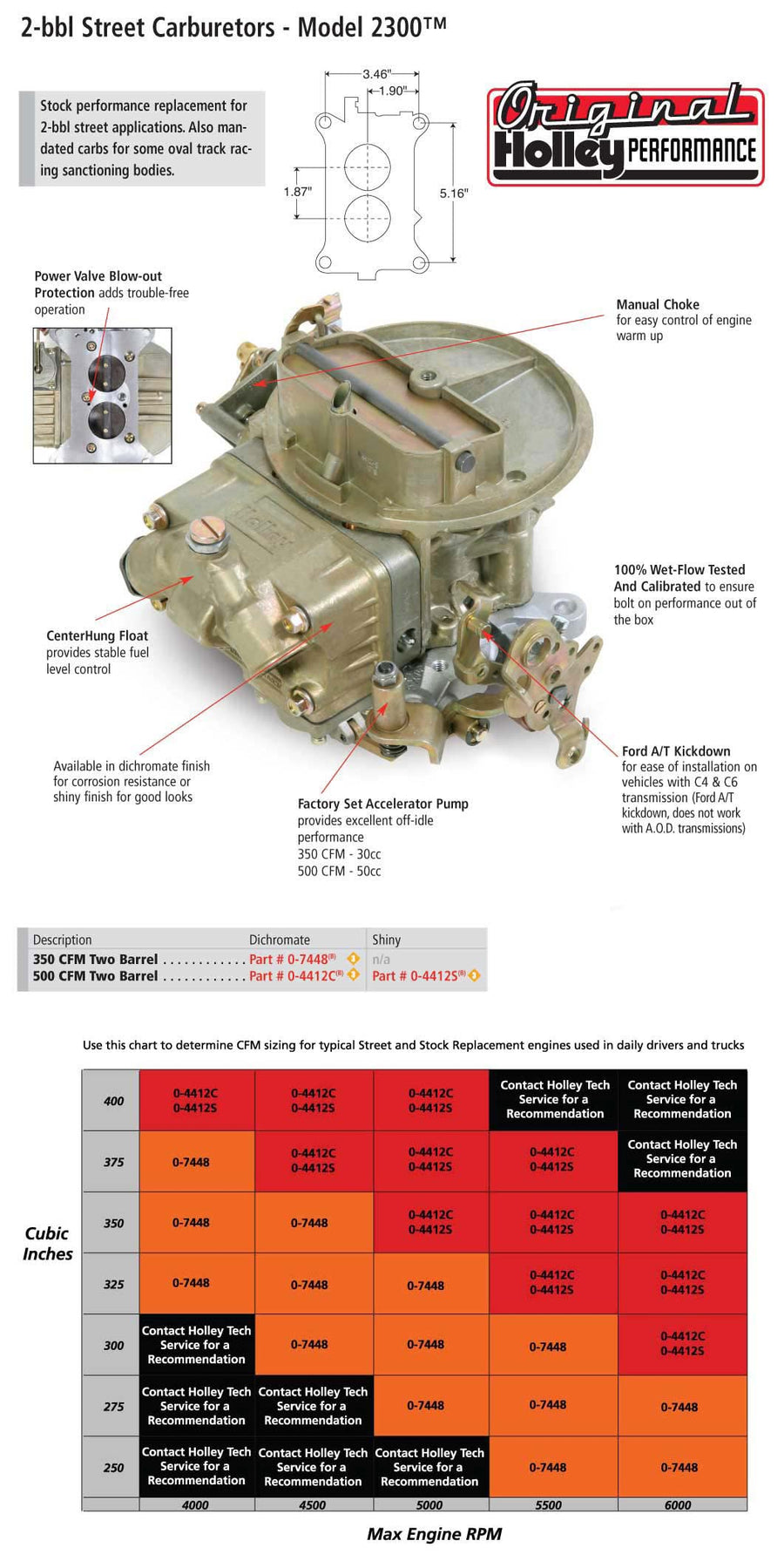 Holley 0-4412S Model 2300 500 CFM 2-Barrel Manual Choke New Carburetor HOL