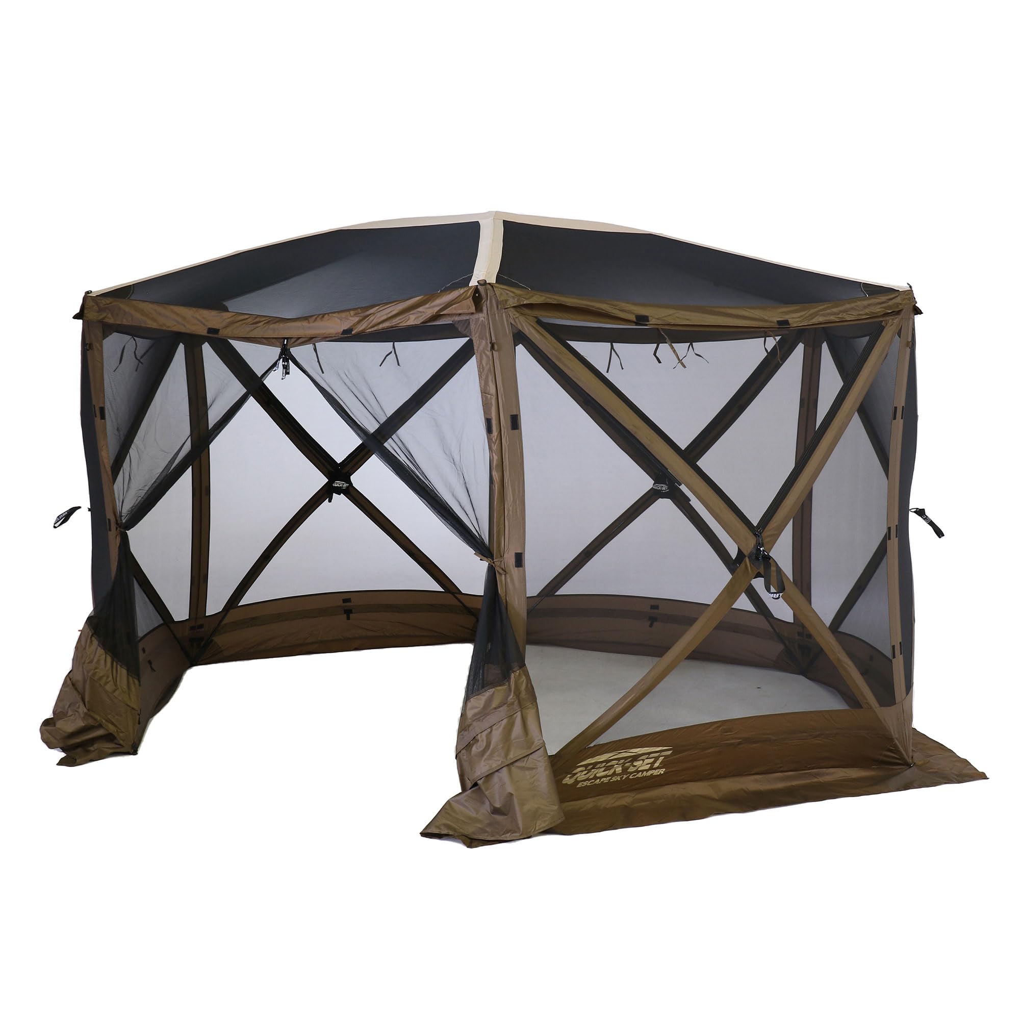 Quick-Set CLAM Escape Sky Camper 11.5’ x 11.5’ Pop-Up Outdoor Gazebo Instant Screen Tent 6-Sided Canopy Shelter w/Ground Stakes & Carry Bag, Brown