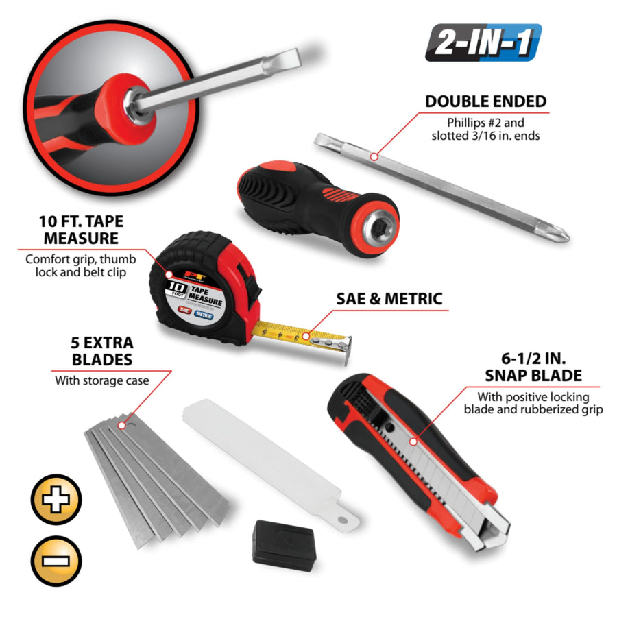 W5049 Performance Tool 4 pc. Tool Set: Features Double-Ended Screwdriver with Phillips #2 and Slotted 3/16-in Ends, 10-ft Tape Measure, 6/1/2-in Utility Knife with 5 Replacement Blades, Red/Black