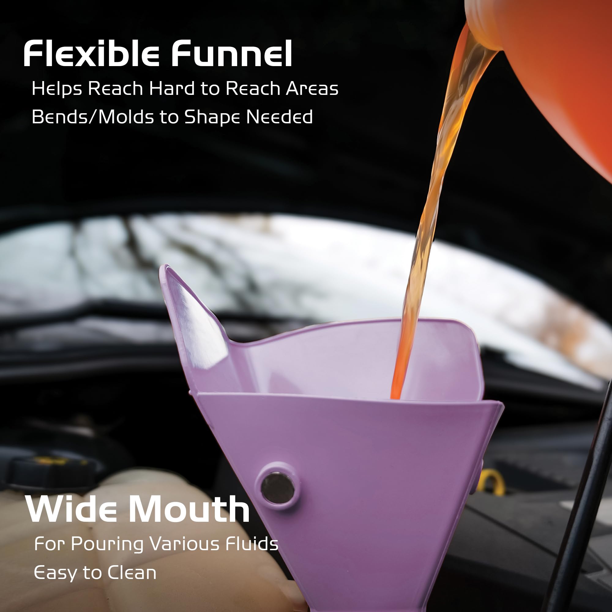 Flex & Fold Caliber, Flexible Funnel for Automotive Use, Wide Neck Funnel for High Volume Fluid Transfers, Purple